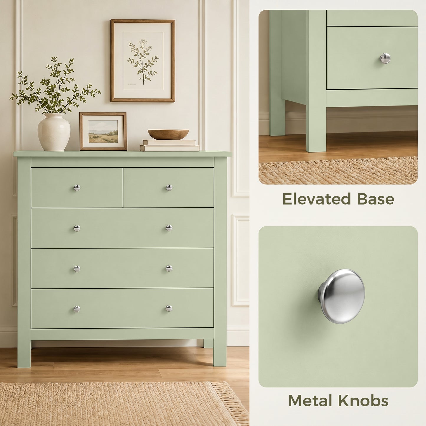 HOMCOM 5 Drawer Dresser for Bedroom, Modern Chest of Drawers, Wide Storage Unit for Living Room, Hallway, Sage Green
