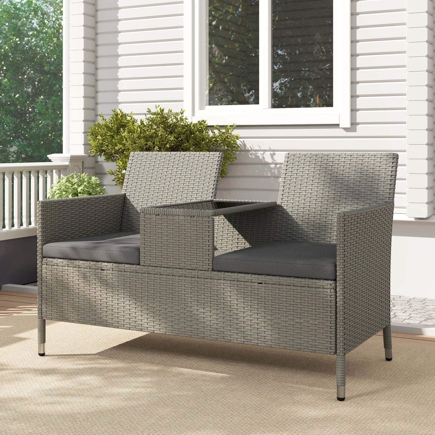 Outsunny 2-Seater PE Rattan Outdoor Garden Bench w/ Centre Table Grey