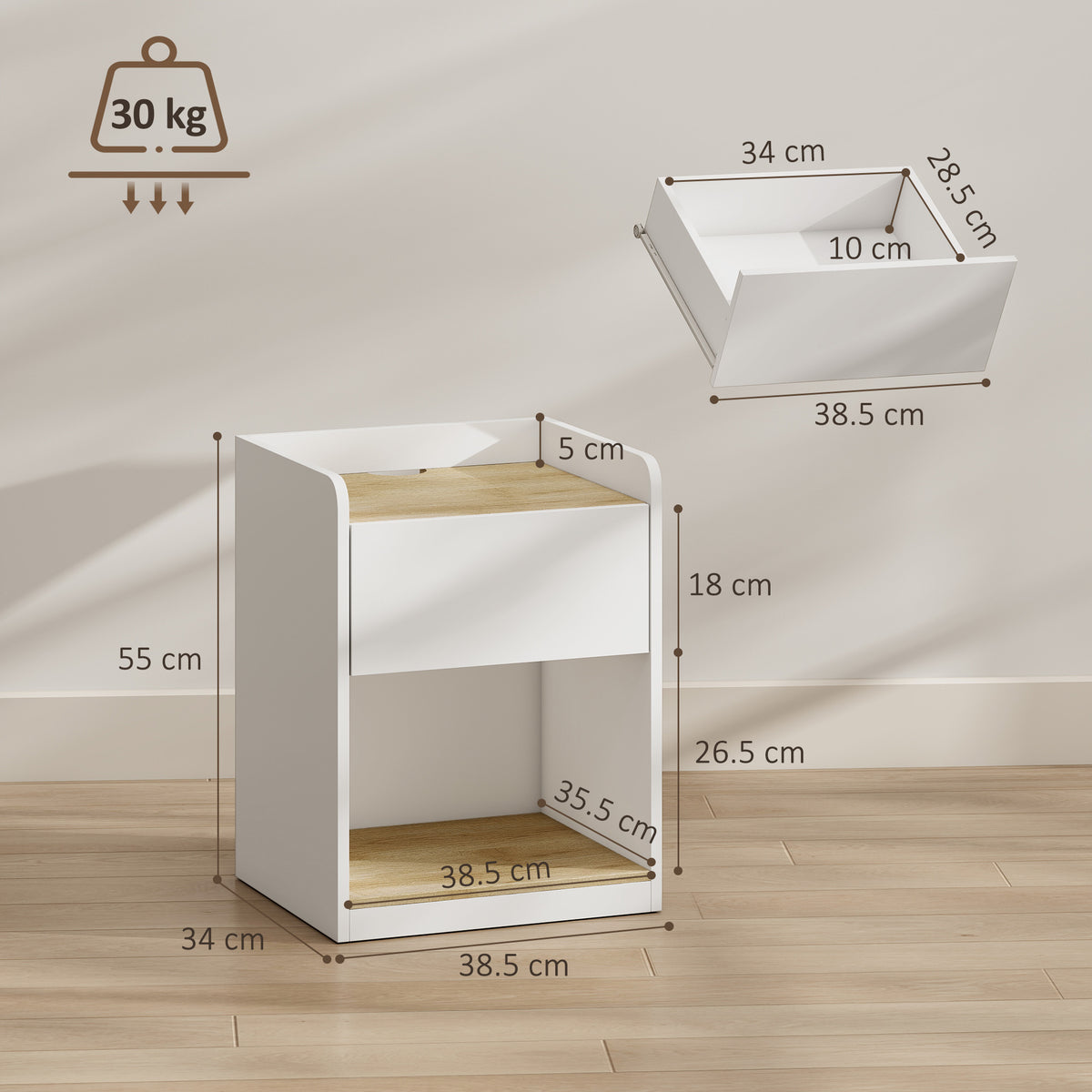 HOMCOM Modern Bedside Table, Slim Nightstand with Drawer, Shelf and Cable Holes, White and Oak