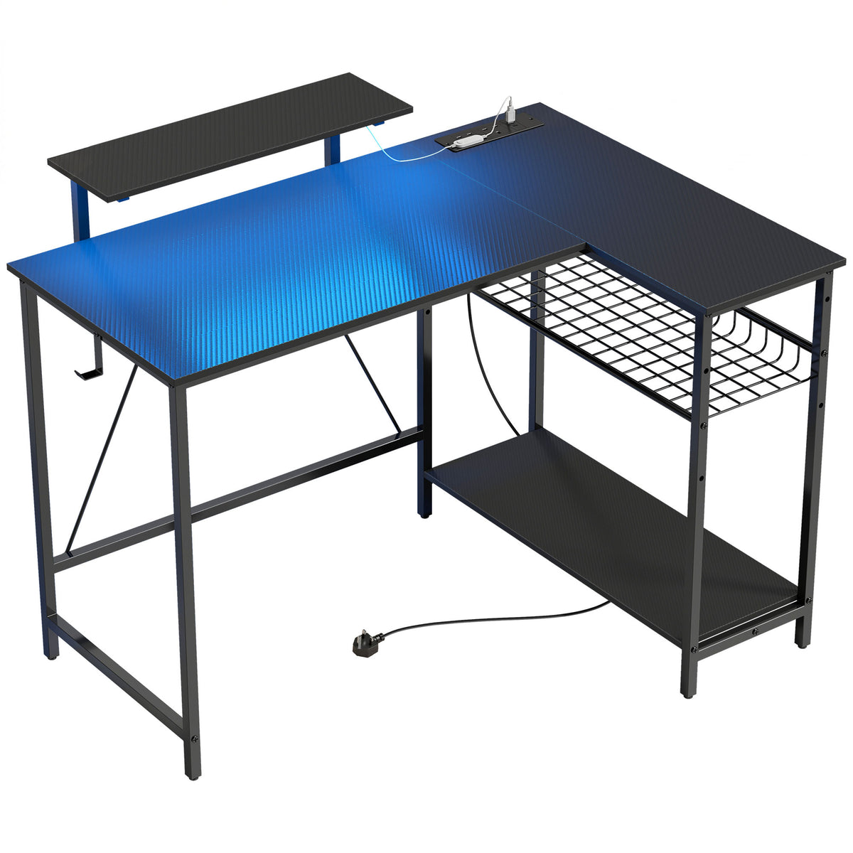HOMCOM 114.5 cm L-Shaped Gaming Desk, Computer Desk with LED Lights, Power Station and Adjustable Mesh Shelf , Black Default Title