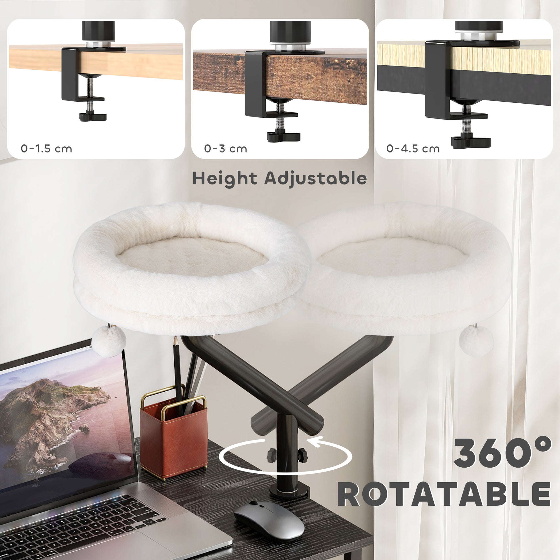 PawHut Cat Desk Bed, Cat Hammock 360Â° Rotatable Adjustable for Window, Table, Work, Cream White