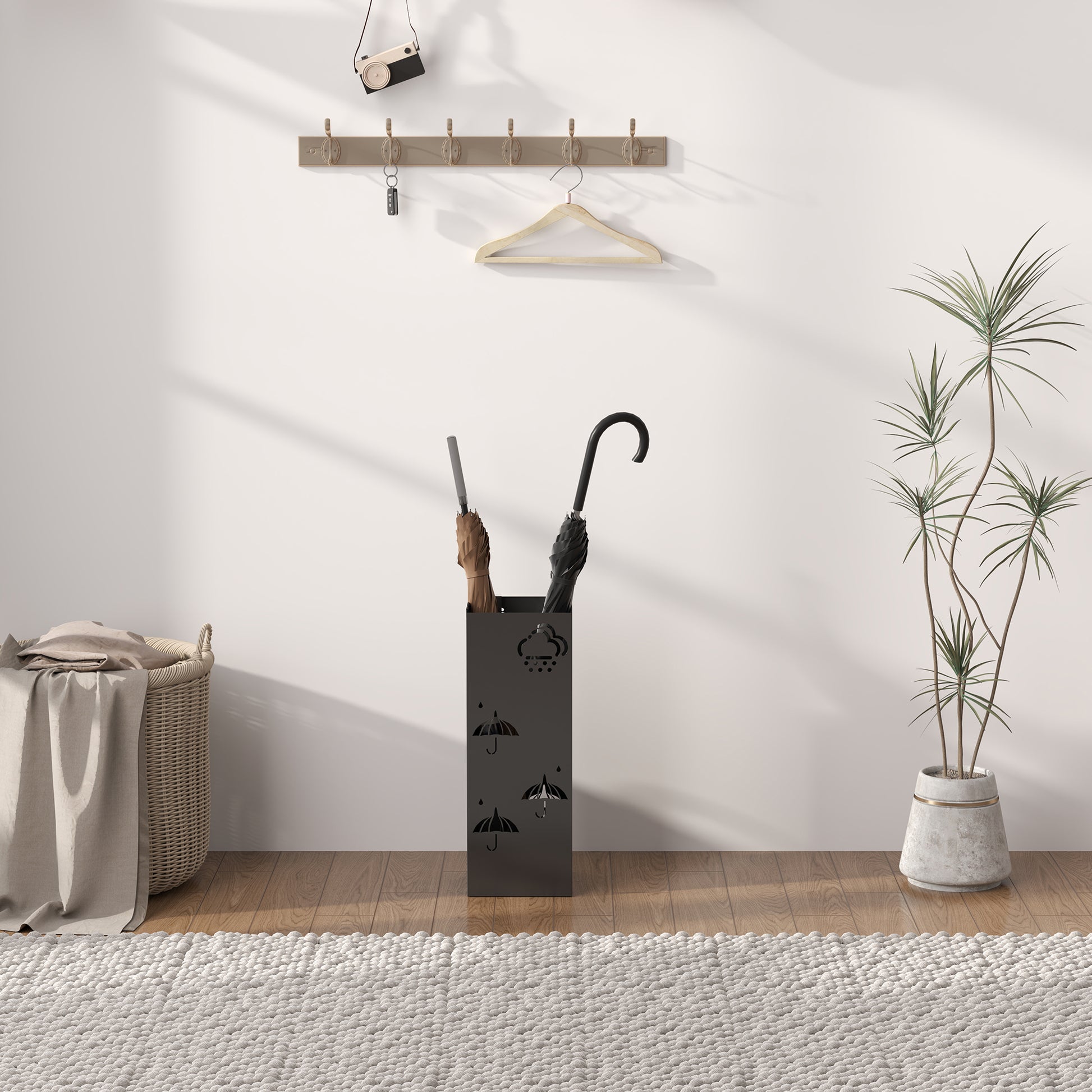 HOMCOM Metal Umbrella Stand, Square Umbrella Holder with Removable Drip Tray and 4 Hooks, Decorative Umbrella Storage Rack for Hallway, Entryway, 15.5 x 15.5 x 41 cm, Black