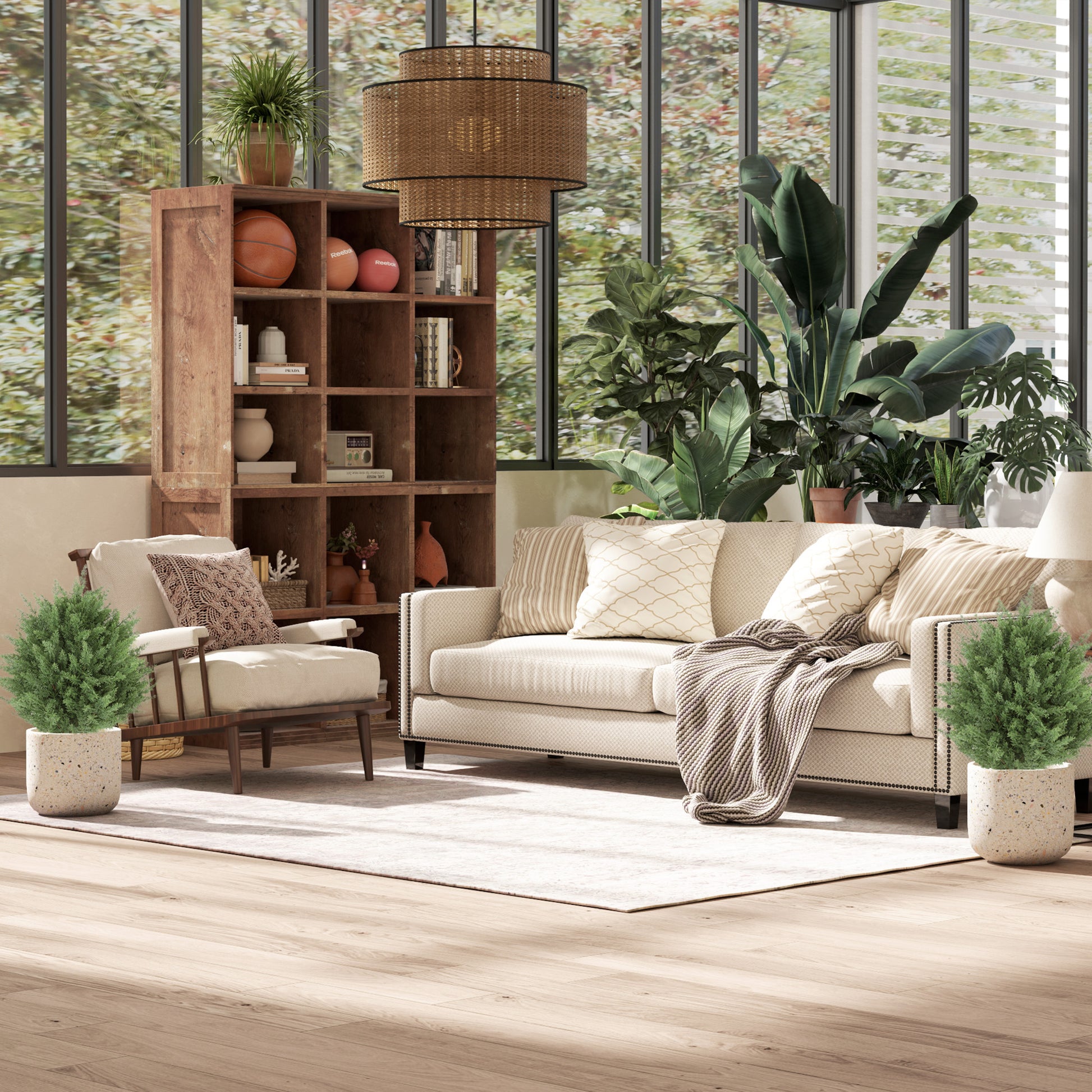  these fake trees ensure vibrant colour and structural integrity against the elements