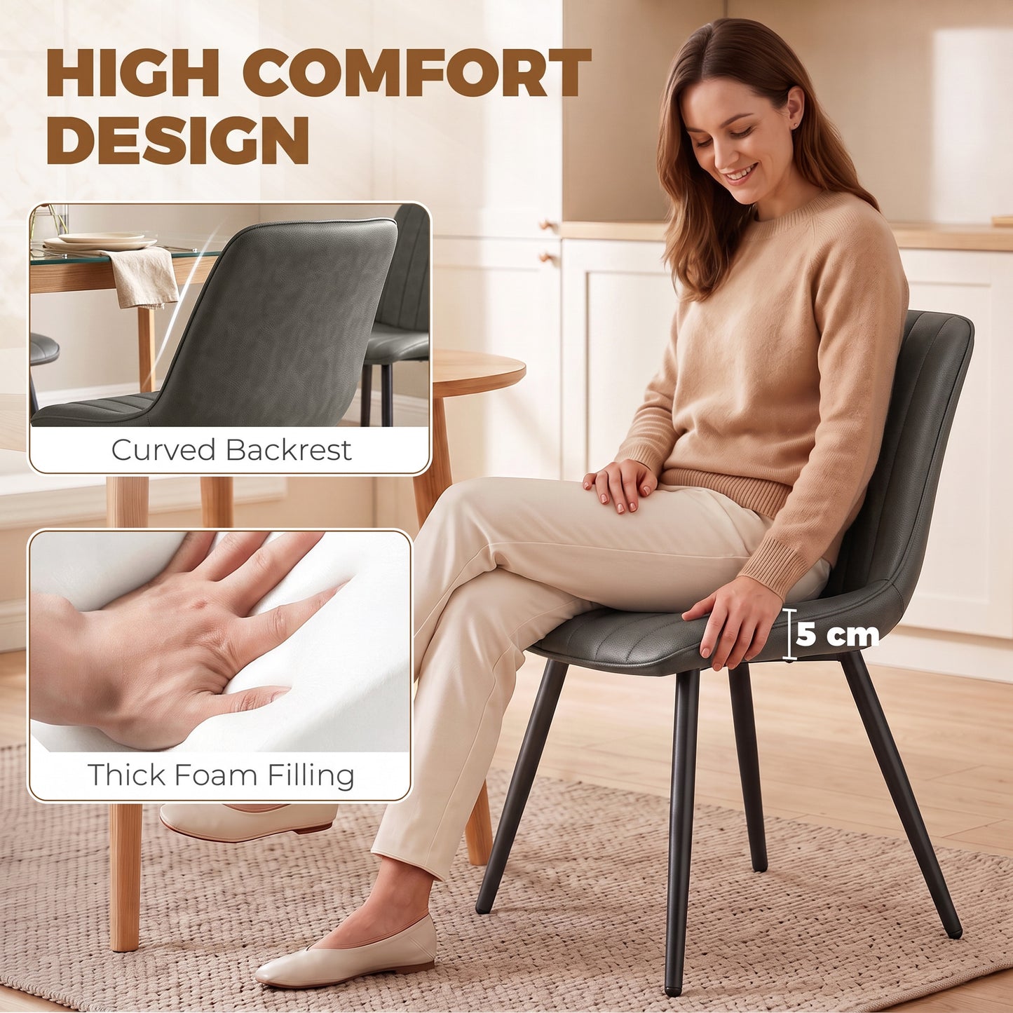 HOMCOM Faux Leather Upholstered Kitchen Chairs, Modern Dining Chairs Set of 2 with Metal Legs for Dining Room, Grey