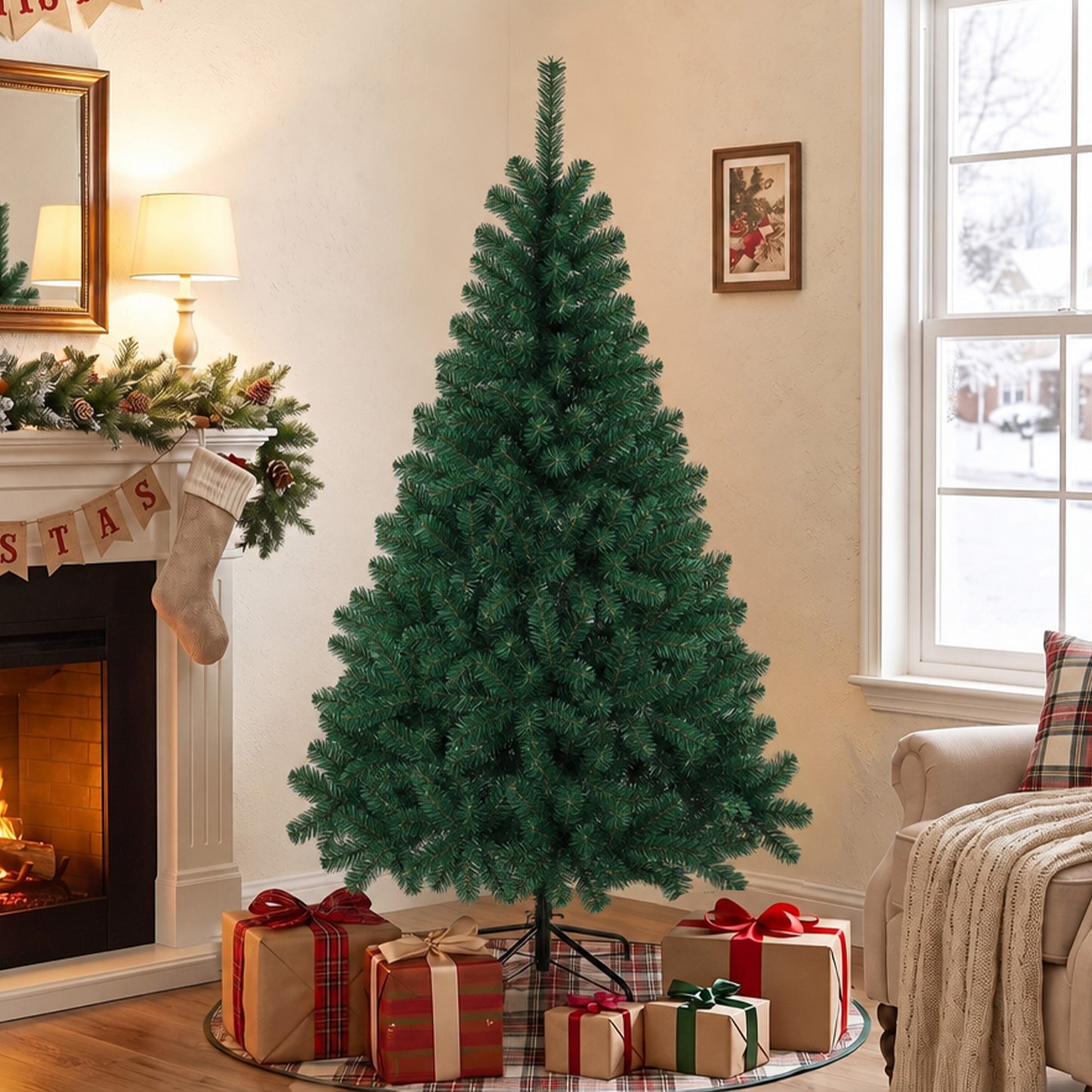 HOMCOM 5ft Artificial Christmas Tree, Fir Hinged Xmas Tree with 420 Branch Tips, Foldable Steel Stand, Green