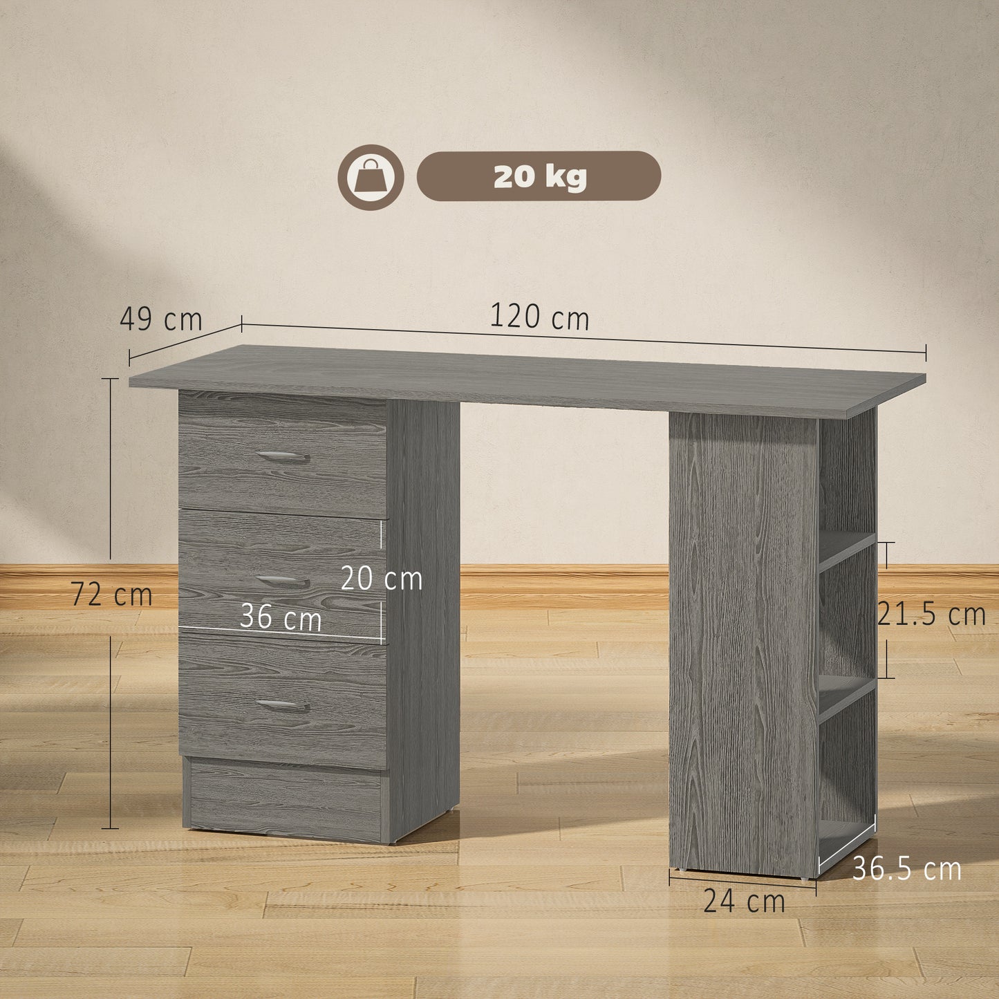 HOMCOM Computer Desk, Writing Table, PC Workstation with 3 Storage Shelves and Drawers, Silver Handle, for Home Office, Grey