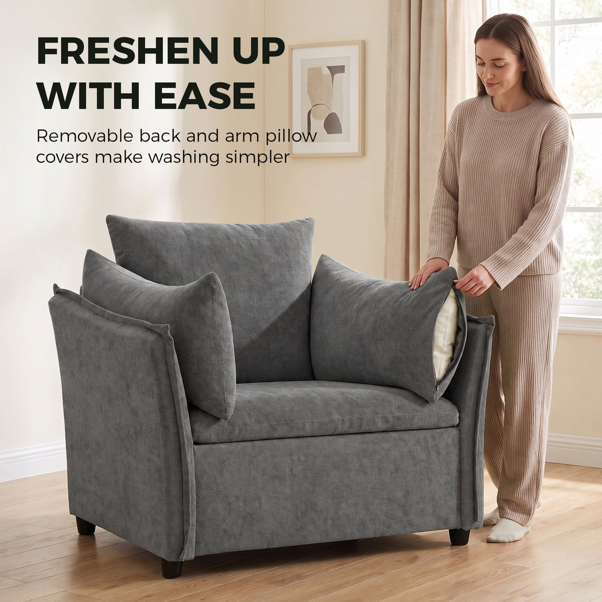HOMCOM Modern Lounge Chair, Chenille Accent Chair with Armrest  Pillow, Thick Cushion, Deep Seat & Padded High Back, Dark Grey