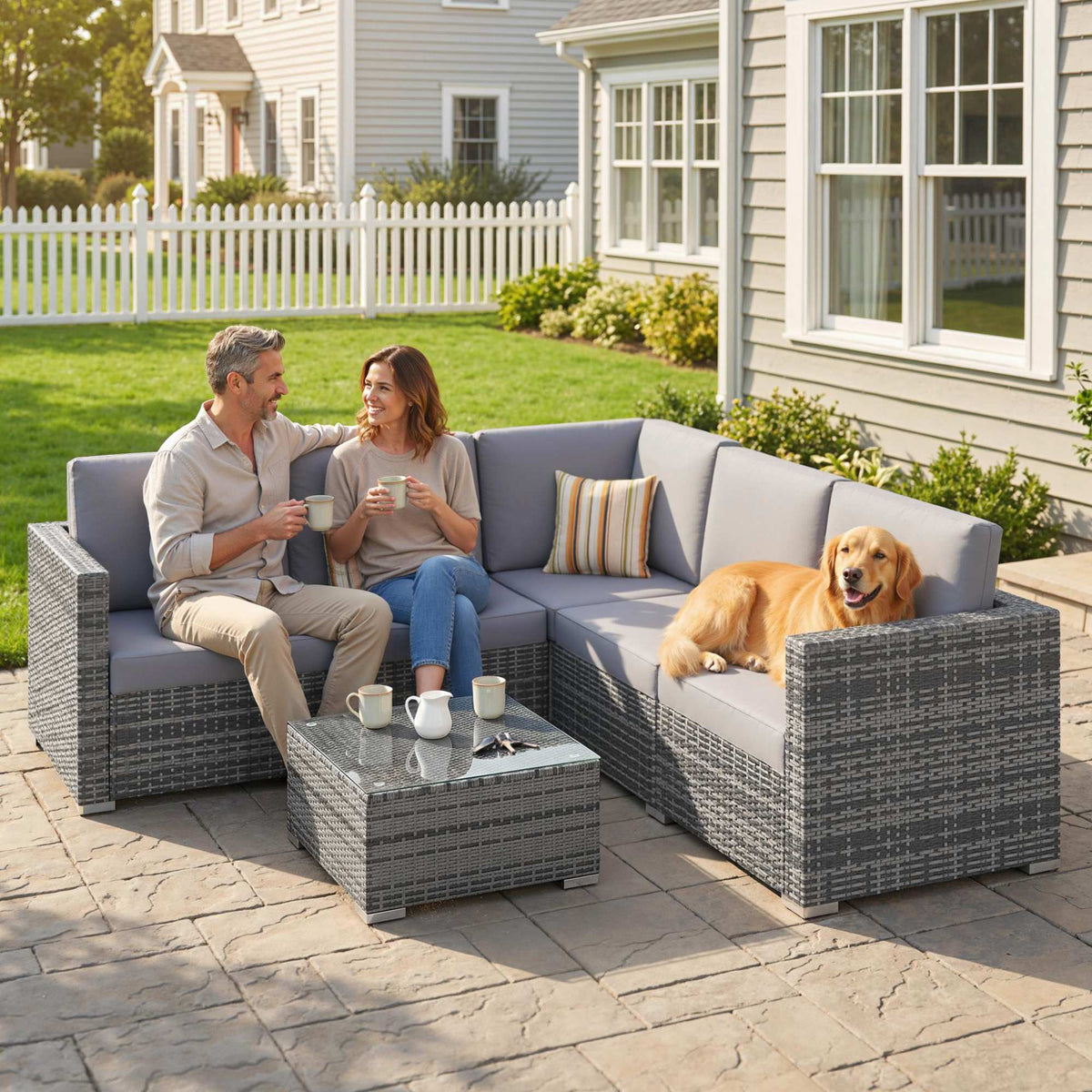 Outsunny Luxury 5 Seater Rattan Garden Furniture Set, 4 Pieces Outdoor Patio Conversation Set with Wide Seats, 220gsm Polyester Cushions, Tempered Glass Table, Corner Sofa, Loveseat, Grey