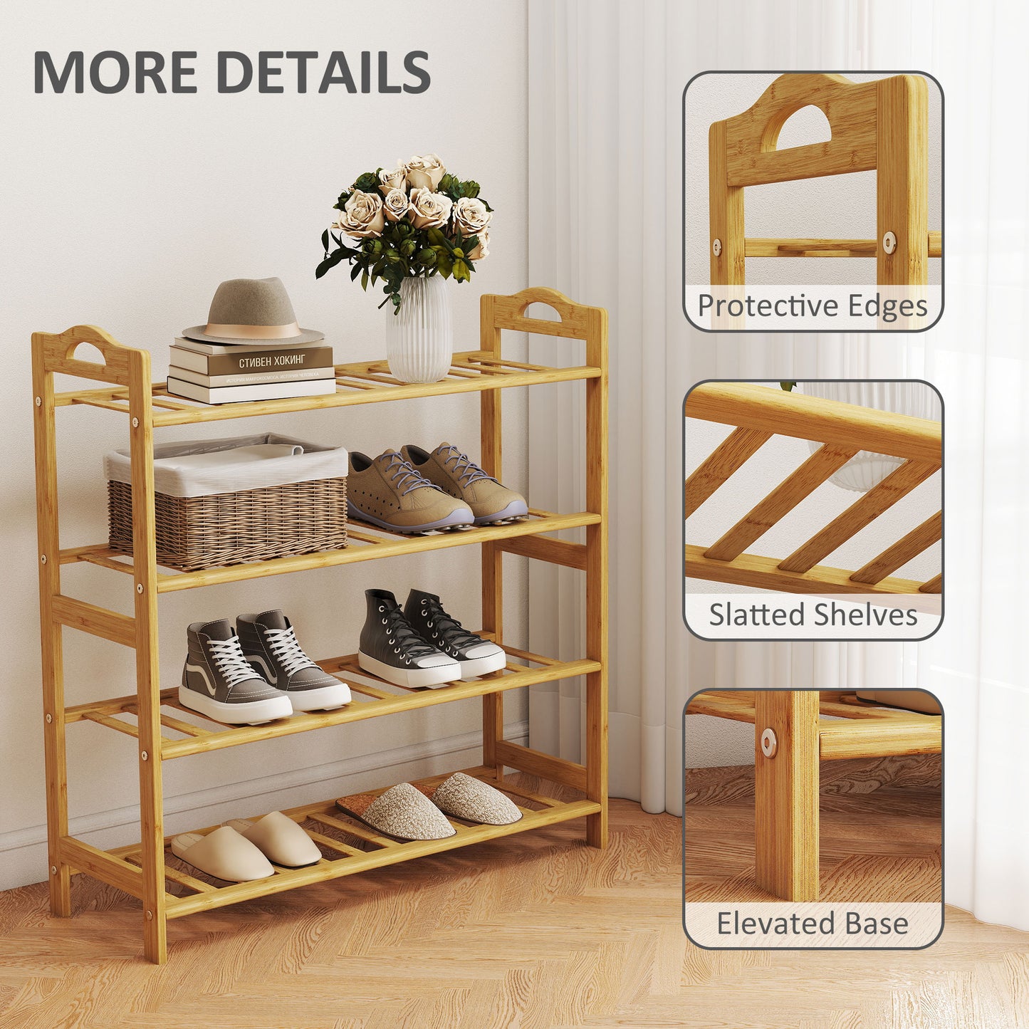 HOMCOM Freestanding Bamboo Shoe Rack, 4-Tier Shoe Shelf Stand for Hallway, Living Room, Bedroom, Natural Wood Finish