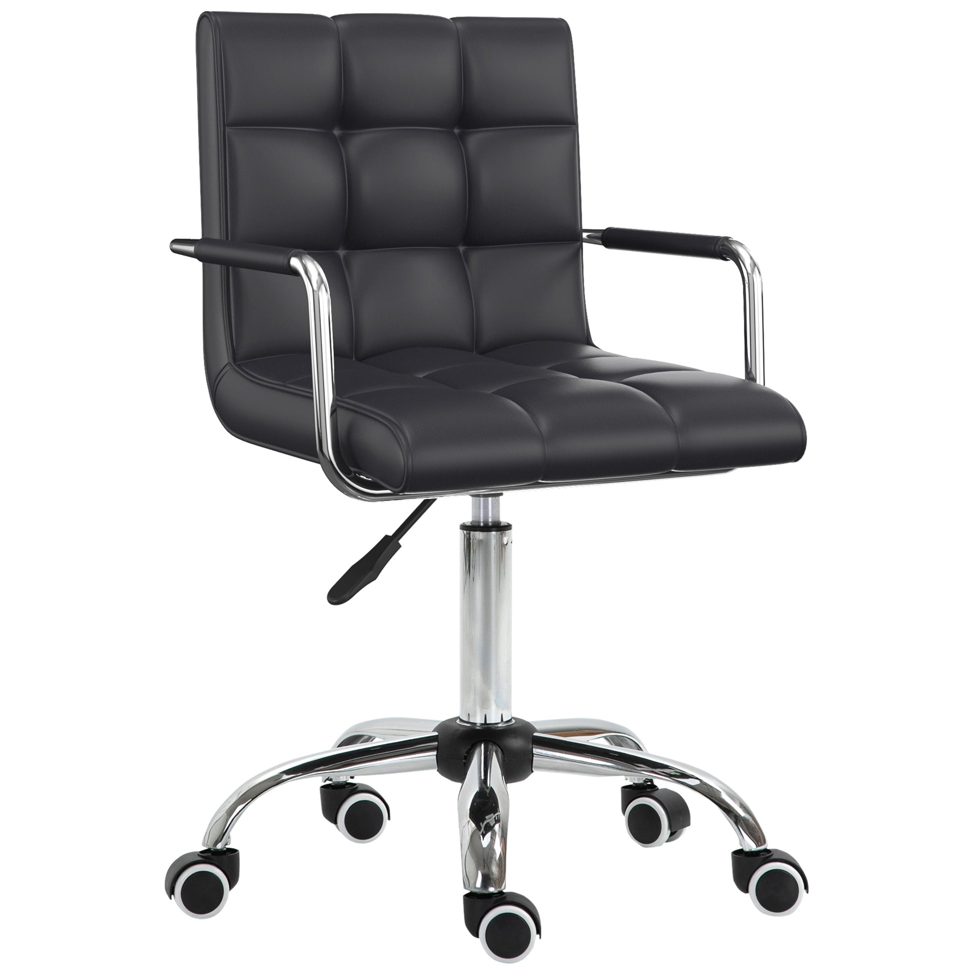 Vinsetto Makeup Vanity Chair, PU Leather Mid Back Office Chair with Adjustable Height, Armrest and Rolling Wheels, Black