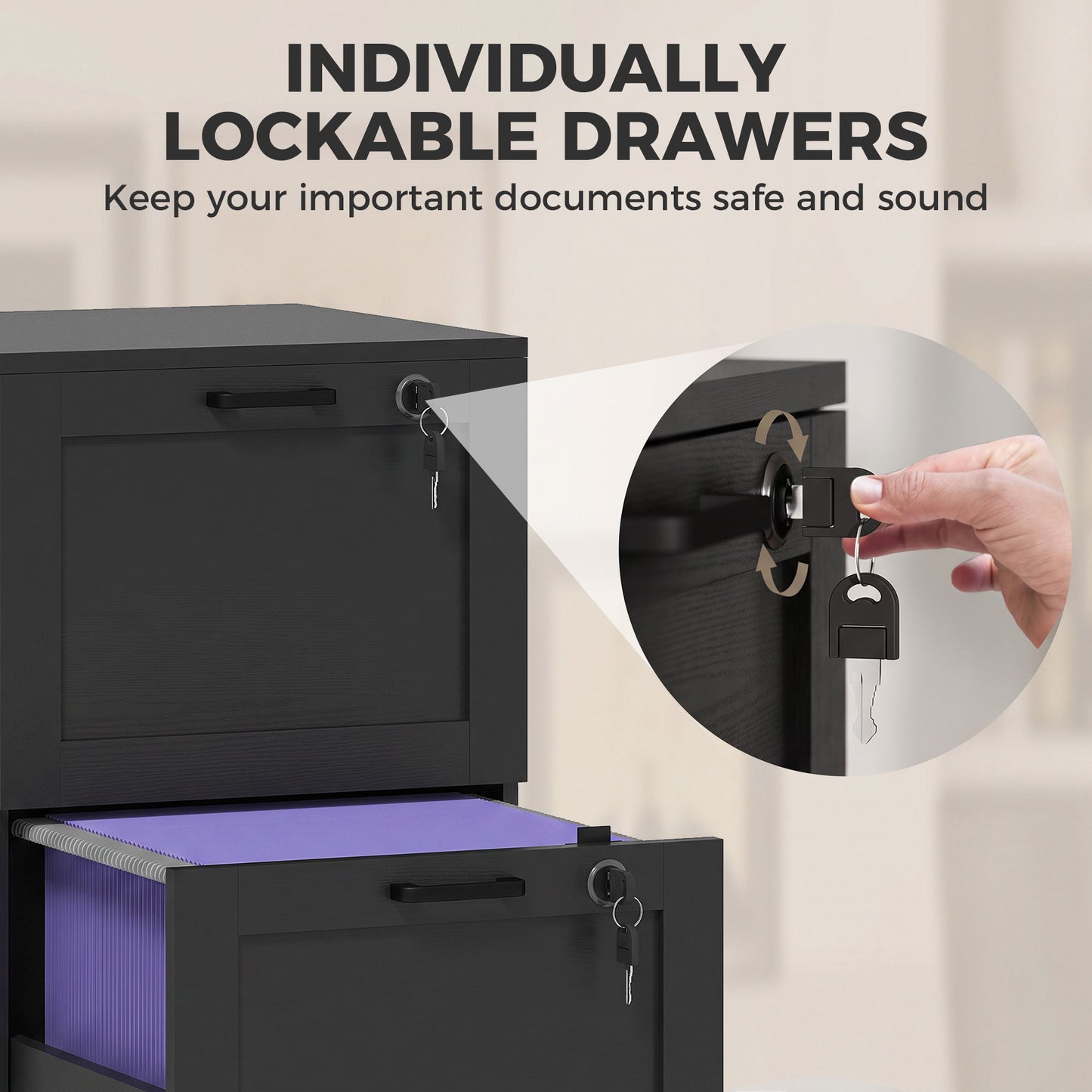 HOMCOM 2-Drawer Filing Cabinet with Lock - Black