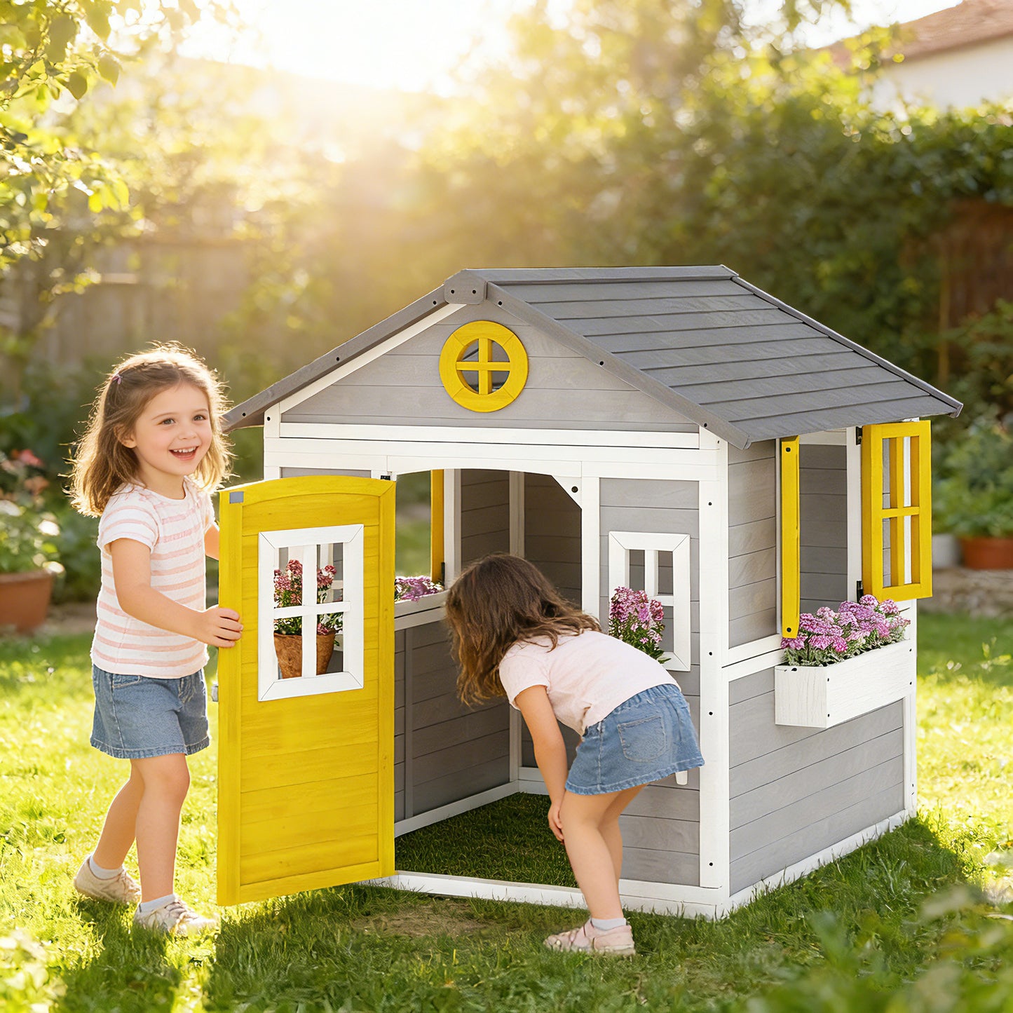 Outsunny Wooden Playhouse with Doors, Windows, Plant Pots, Boxes, for 3-8 Years - Grey