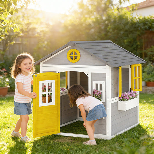 Outsunny Wooden Playhouse with Doors, Windows, Plant Pots, Boxes, for 3-8 Years - Grey
