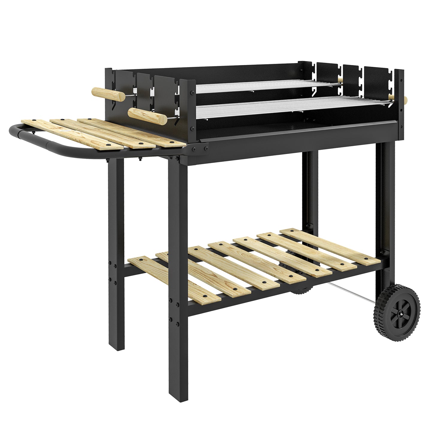 Outsunny CharcoalÂ BBQÂ Grill, BarbecueÂ Trolley with Double Adjustable Grill, Side Table, Storage Shelf and Wheels for Outdoor Garden Party Cooking, Black
