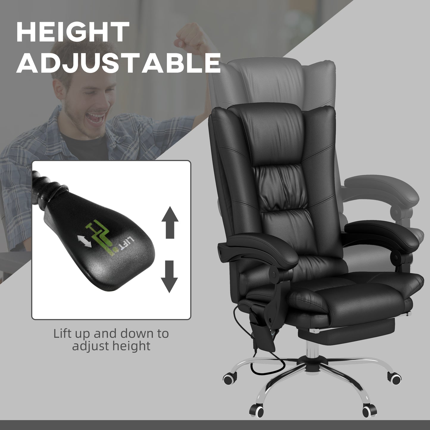 Vinsetto High Back Vibration Massage Office Chair, Heated Reclining PU Leather Computer Chair with 135Â° Reclining Back and Footrest, Black