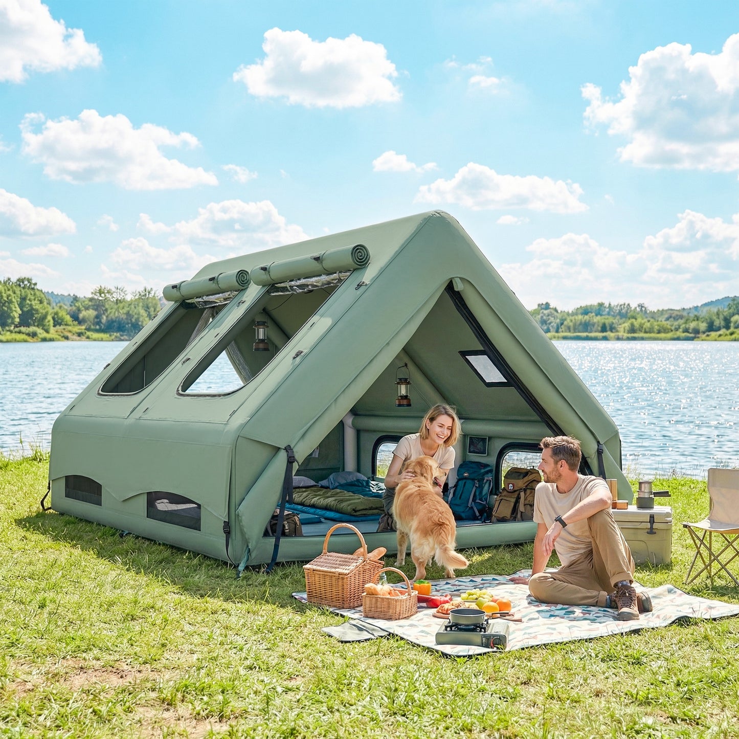 Outsunny Inflatable Camping Tent, 4 Season Hot Tent 10000mm Waterproof with Chimney Opening, Sky Light and Air Pump, Green