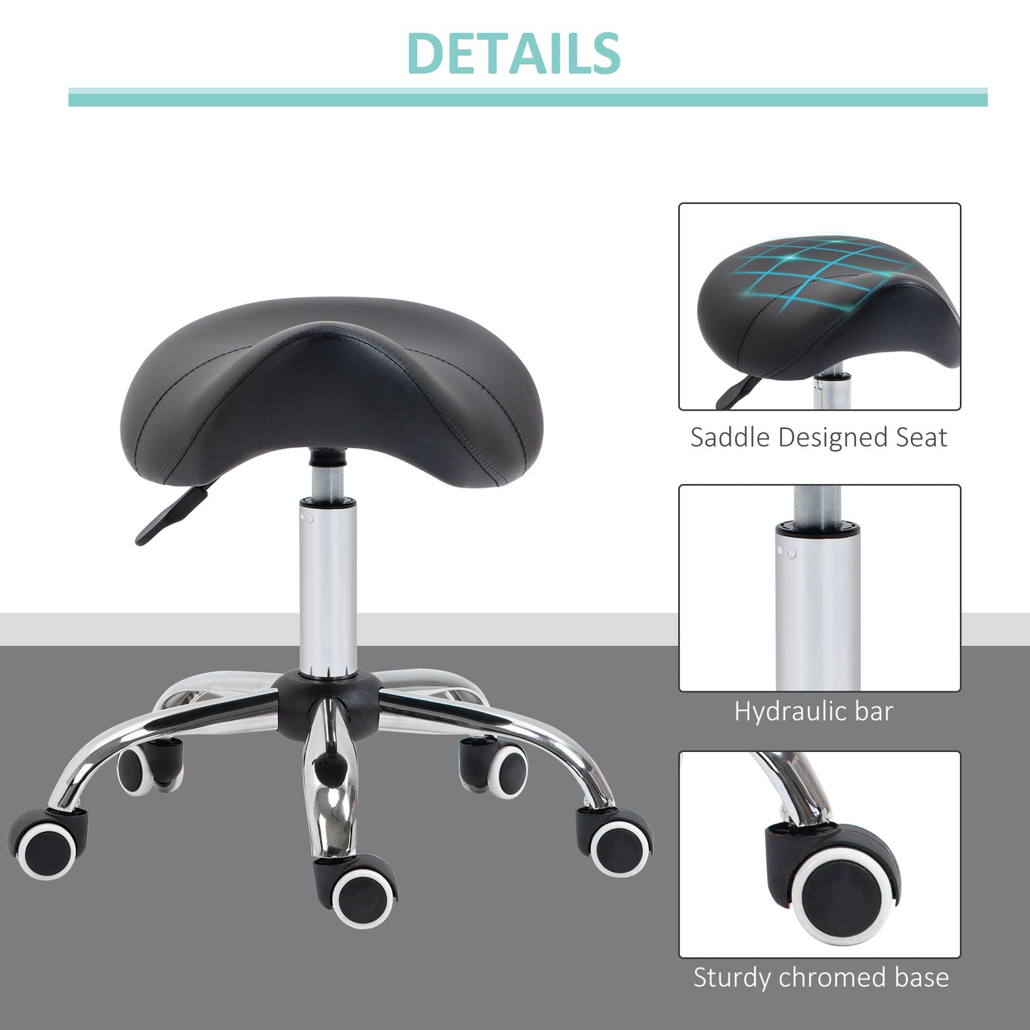 HOMCOM Cosmetic Stool 360Â° Rotate Height Adjustable Salon Massage Spa Chair Hydraulic Rolling Faux Leather Saddle Stool Mobility, Black