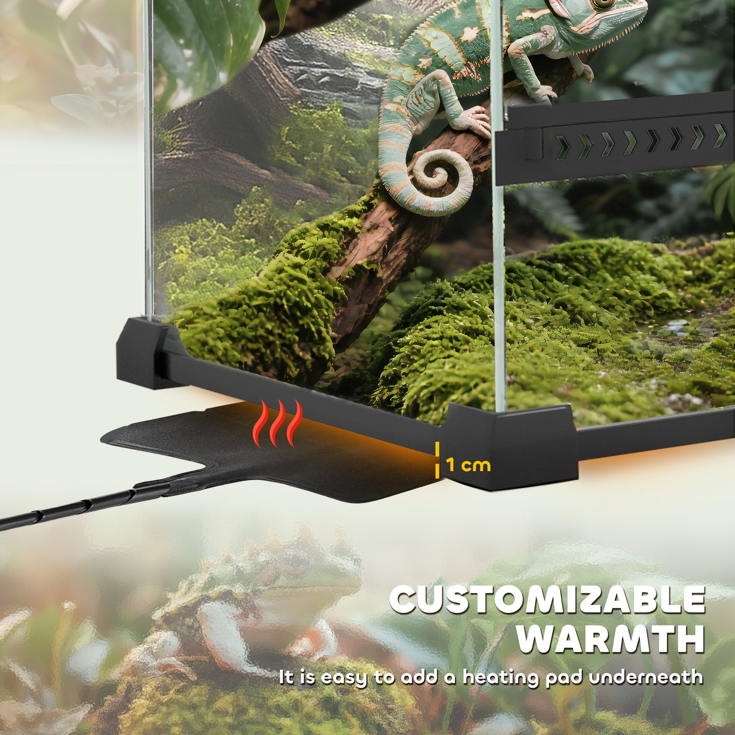 PawHut Reptile Glass Terrarium with Stone Background, Front Ventilation, Escape-Proof Knob Lock, 50 x 30 x 35 cm, Black