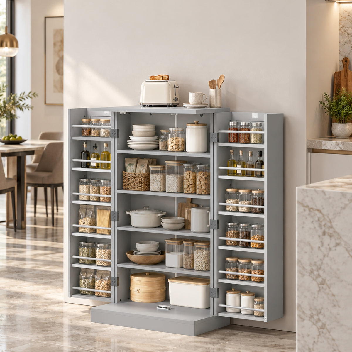 HOMCOM Kitchen Cupboard, Freestanding Multi-Storage Kitchen Pantry Cabinet with Adjustable Shelves, Grey