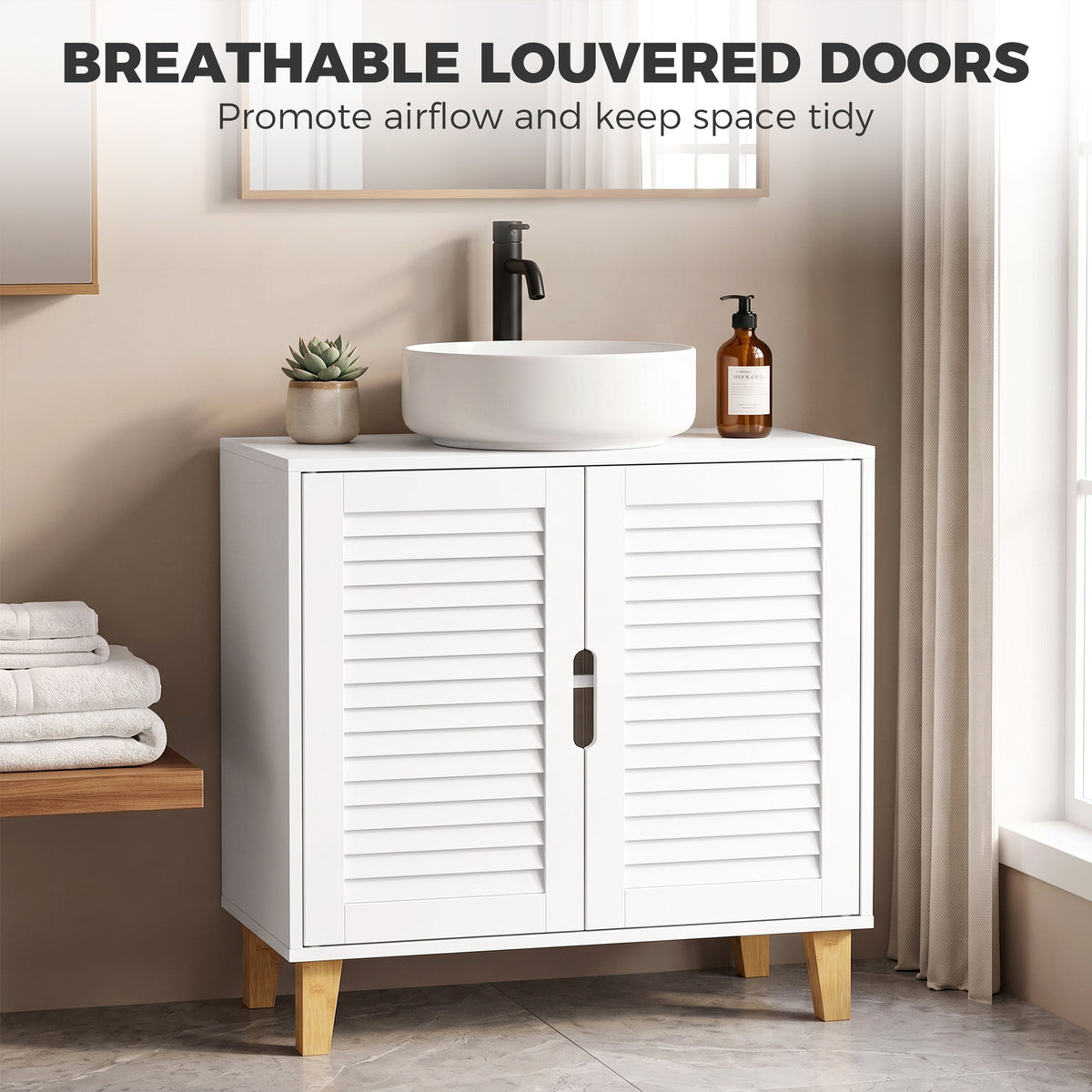 HOMCOM Under Sink Bathroom Cabinet Adjustable Shelf Under Sink Cabinet 2 Louvered Doors, White