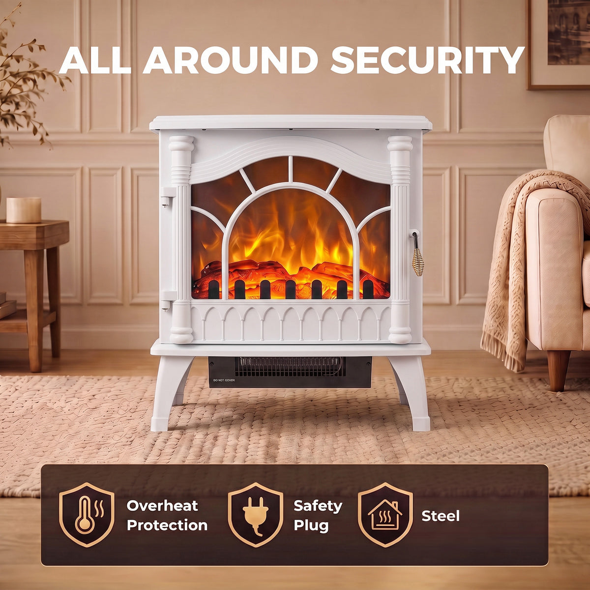 HOMCOM 3-Sided Glass Electric Fire Fan Heater, Electric Fireplace Stove Freestanding Log Burner with Flame Effect, White