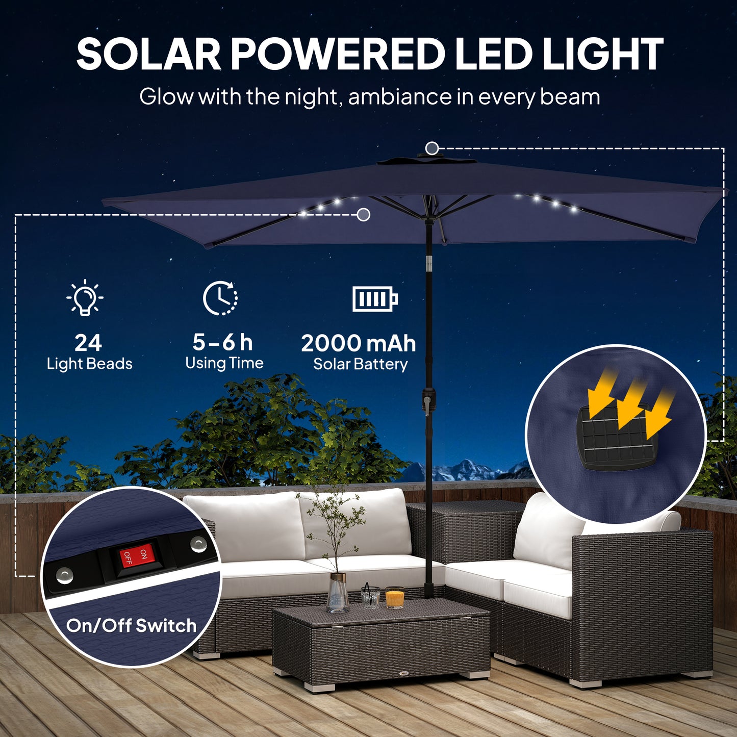 Outsunny 3 x 2 m Garden Parasol Umbrella with LED Solar Light, Parasol Cover, Outdoor Market Patio Umbrella, Navy Blue