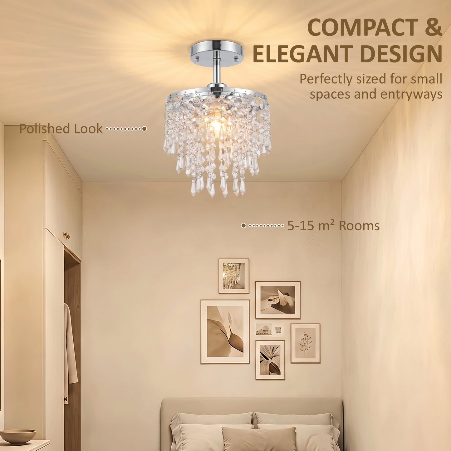 HOMCOM Crystal Ceiling Light with 57 Crystal Strands, Ceiling Light with Mounting Plate for Hallway, Silver Tone
