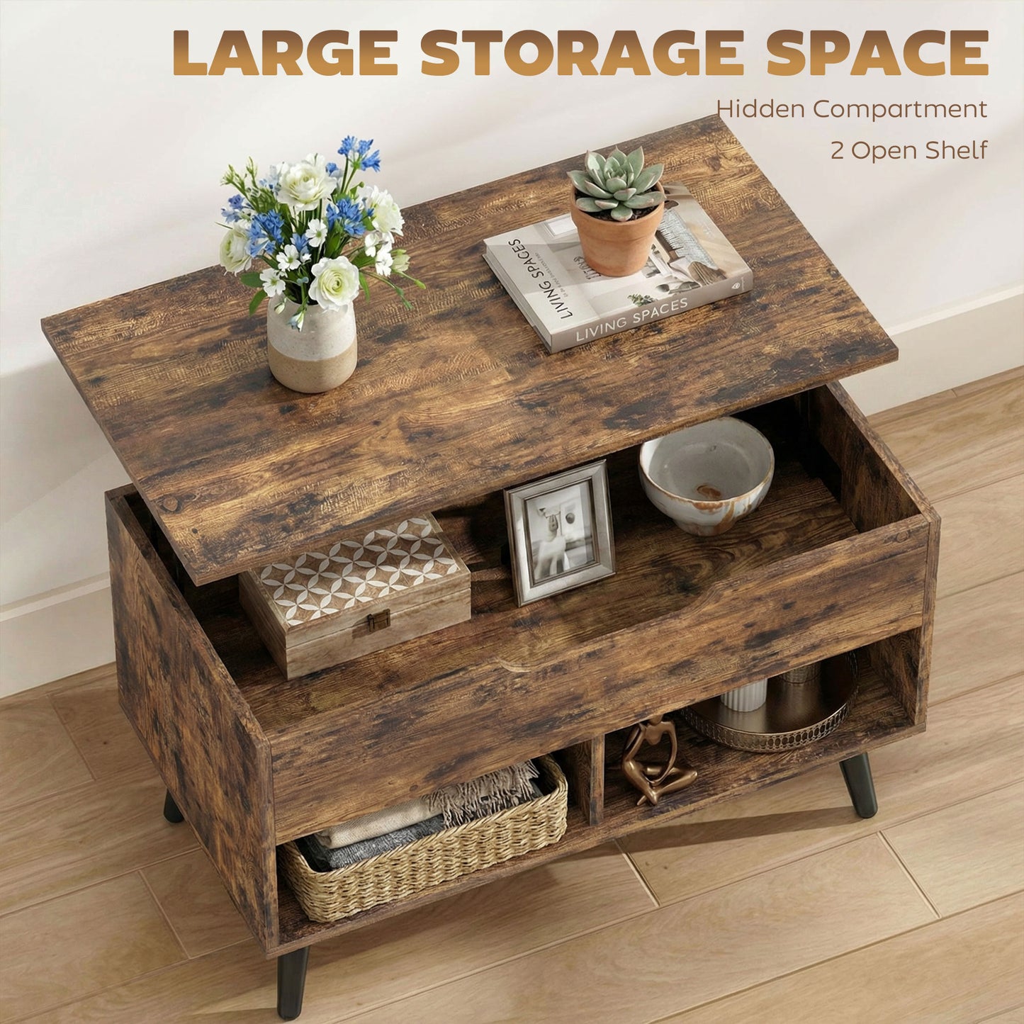 HOMCOM Lift Top Coffee Table with Hidden Storage Living Room Table Metal Legs 75 cm Rustic Brown