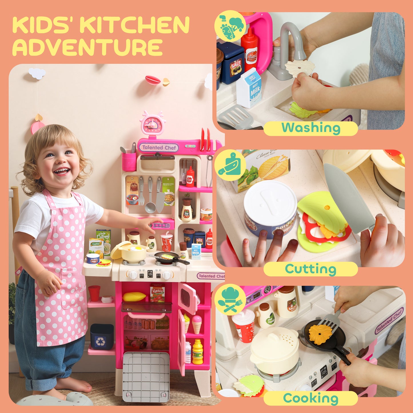 AIYAPLAY Pretend Play Kitchen Set with Realistic Lights & Sounds, 104PCS Toy Kitchen Accessories for Boys and Girls, Pink