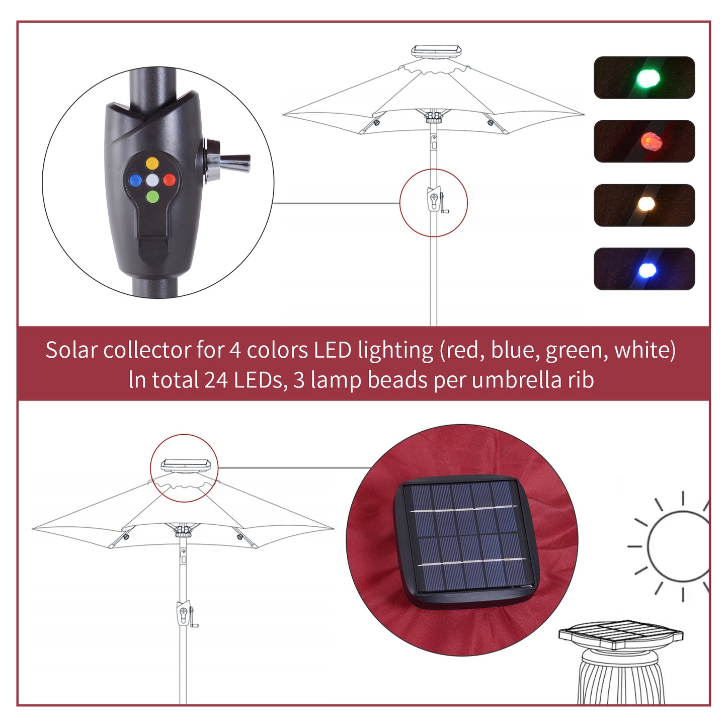Outsunny Î¦2.7m Garden 24 LED Light Parasol Solar Outdoor Tilt Sun Umbrella Patio Club Party Event Manual Sun Shade w/ Hand Crank and 8 Ribs, Red