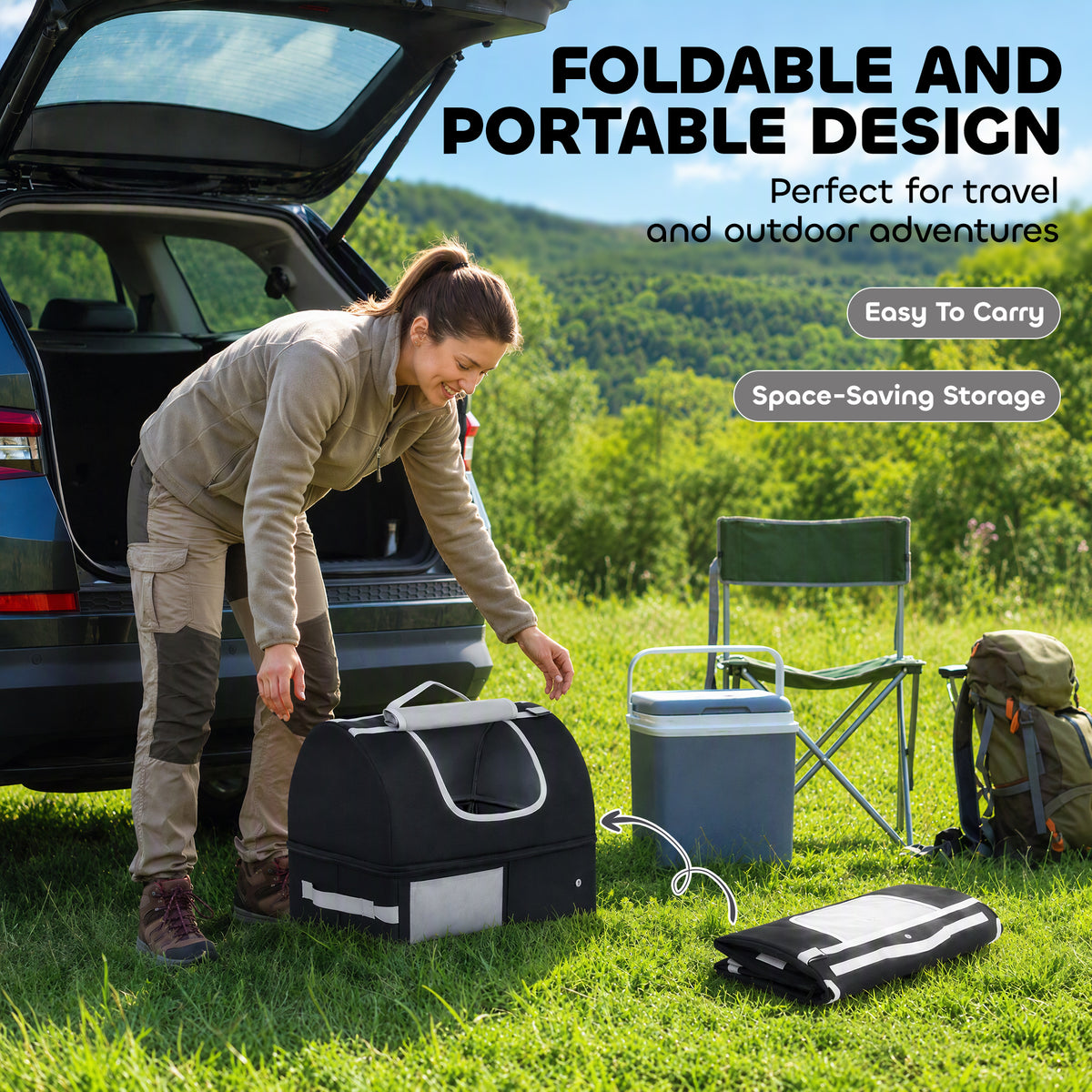 PawHut Portable Cat Litter Box with Zipper & Lid for Travel, Foldable Cat Travel Litter Tray, Black
