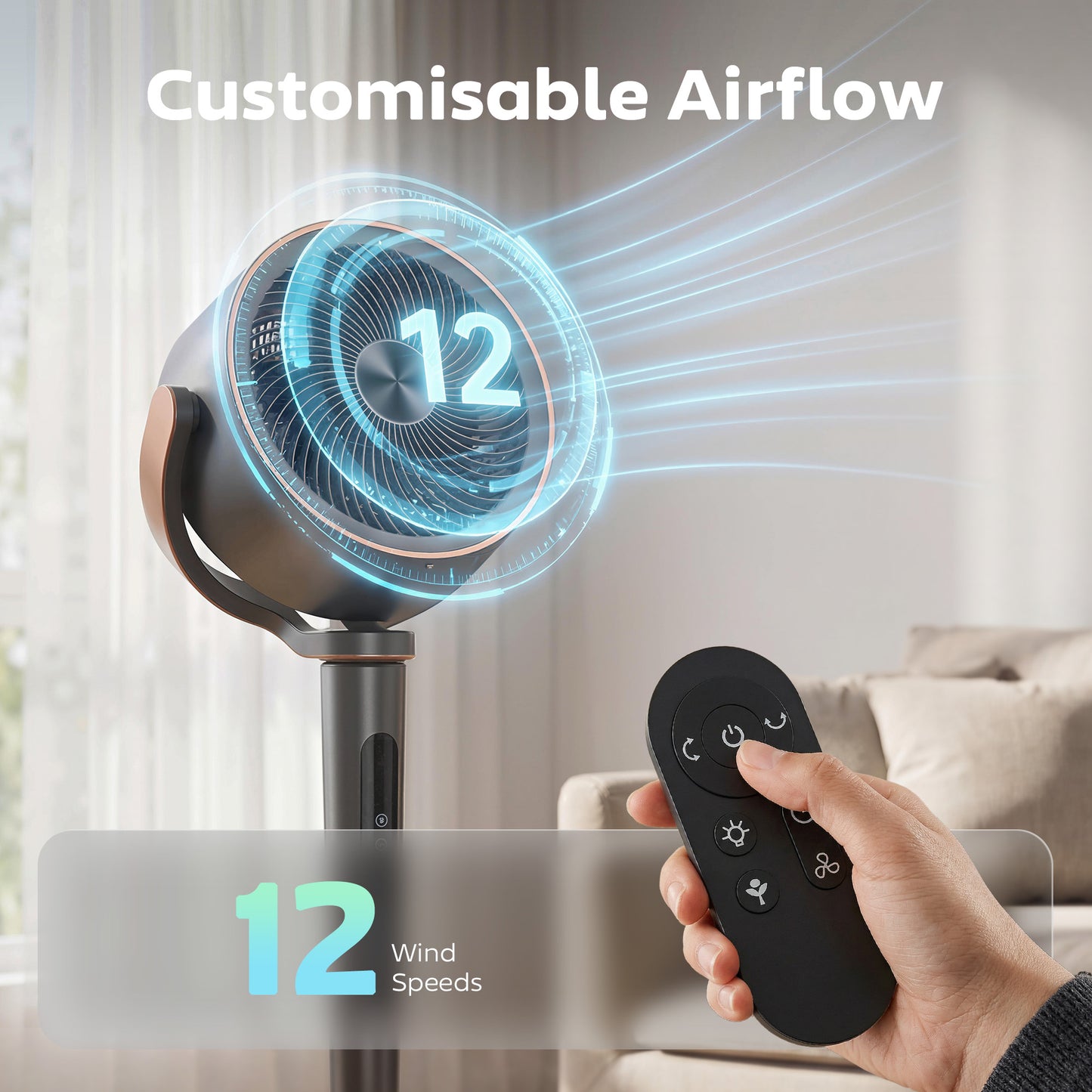 HOMCOM 20dB Silent Standing Fan, 70Â°+90Â° Auto Oscillating Fan with 12 Speeds, LED Light, Air Circulator, Remote Control, 12H Timer, for Bedroom, 46 Inch, Grey