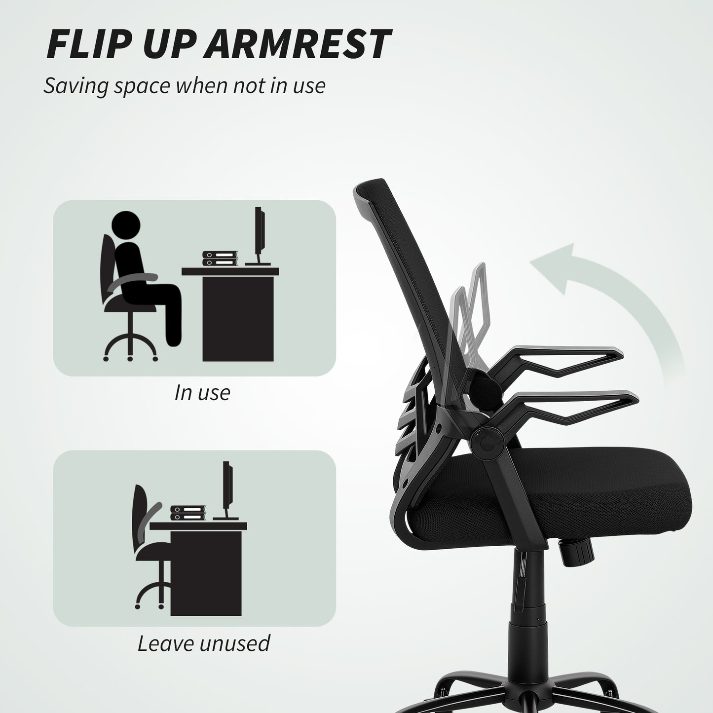 Vinsetto Mesh Office Chair, Computer Desk Chair with Flip-up Armrests, Lumbar Back Support and Swivel Wheels, Black