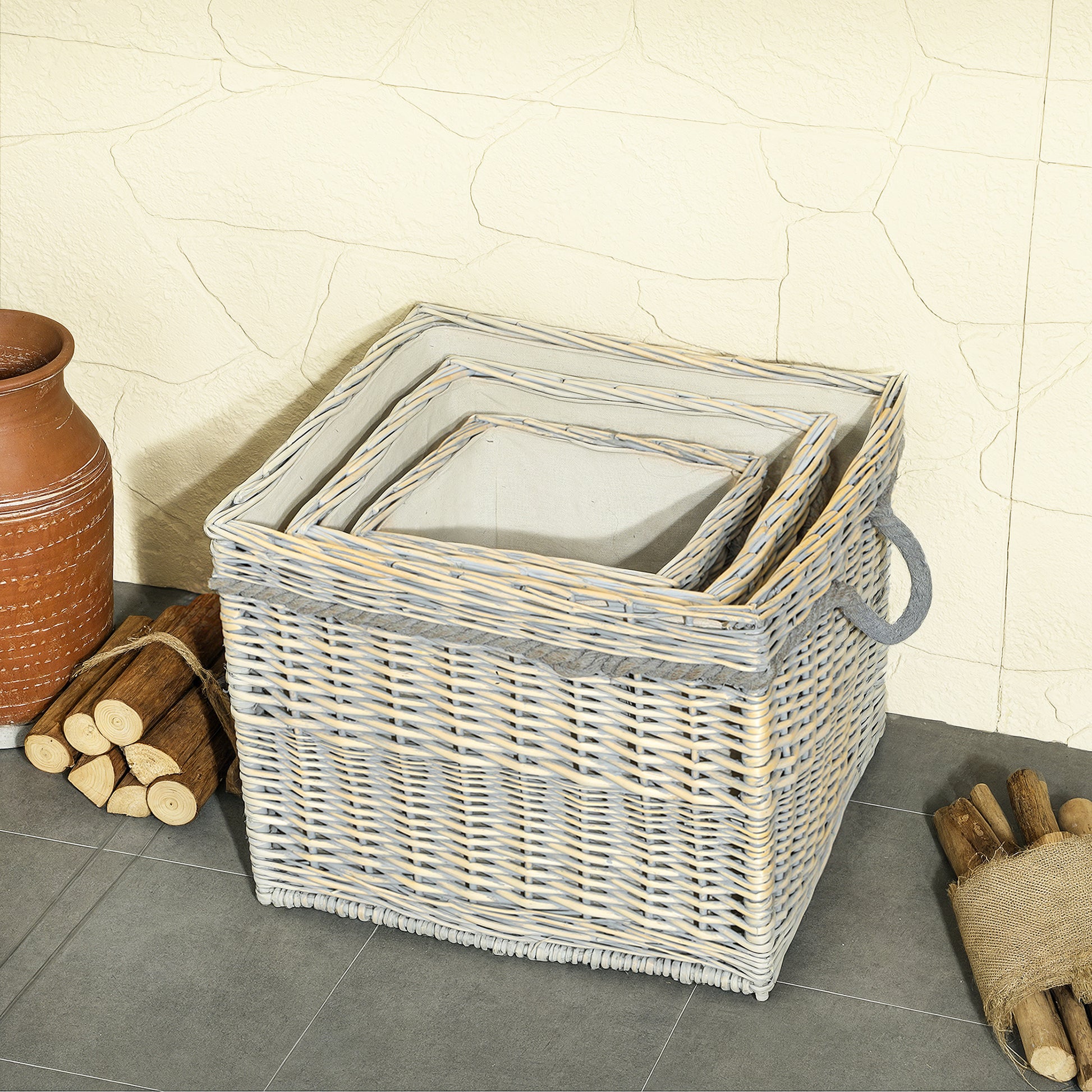 Outsunny Set of 3 Log Baskets for Wood Burner Indoor, Storage Basket with Lining and Rope Handles, Wicker Basket for Fireside Storage, Blankets, Beige