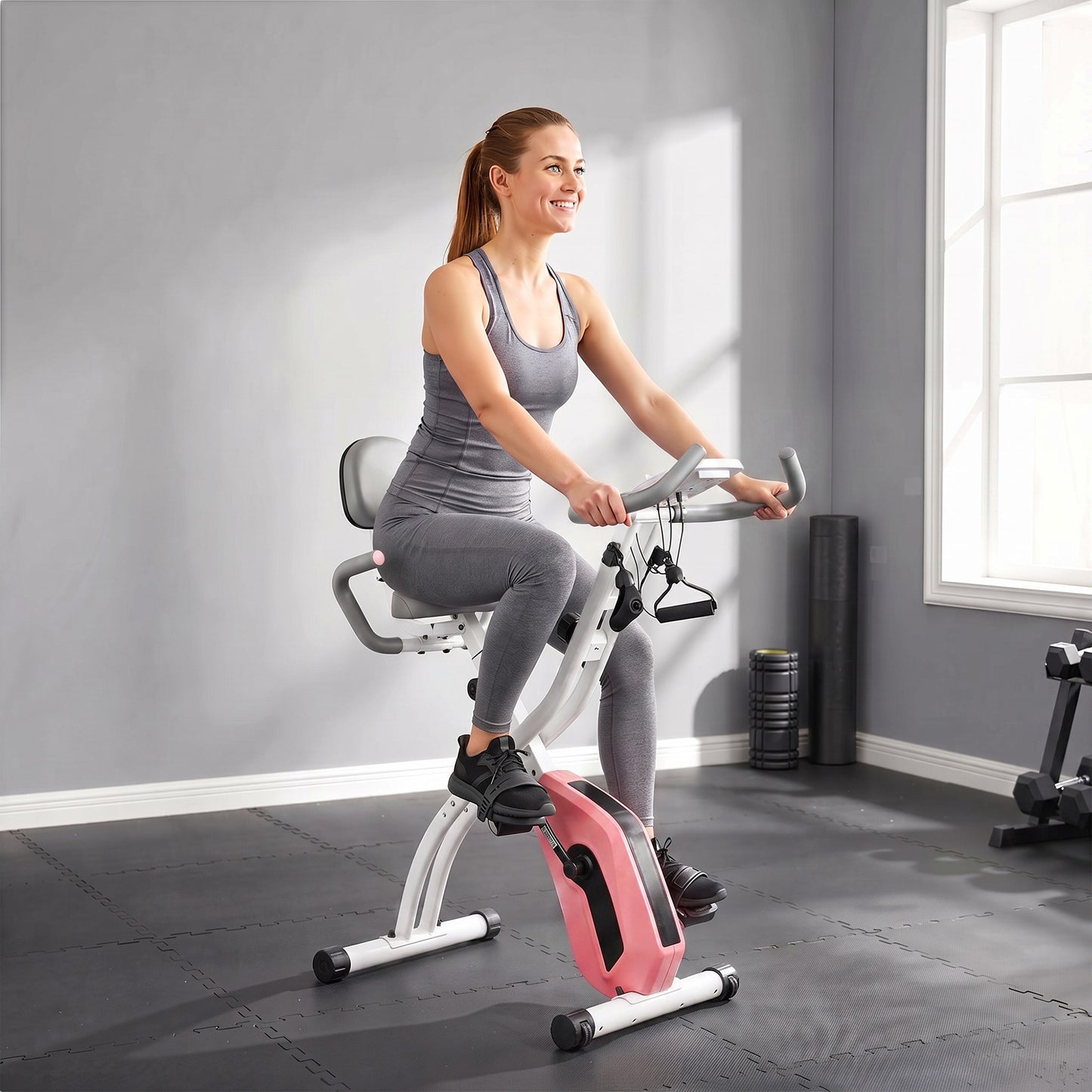 SPORTNOW 4-In-1 Folding Exercise Bike with Resistance Bands, Bluetooth App, 8-Level Magnetic Resistance, LCD Display, Pink