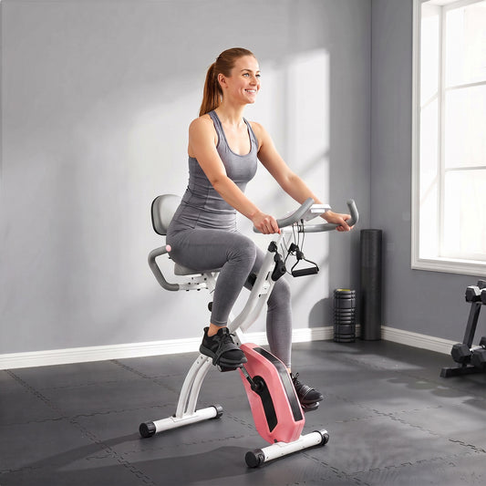 SPORTNOW 4-In-1 Folding Exercise Bike with Resistance Bands, Bluetooth App, 8-Level Magnetic Resistance, LCD Display, Pink