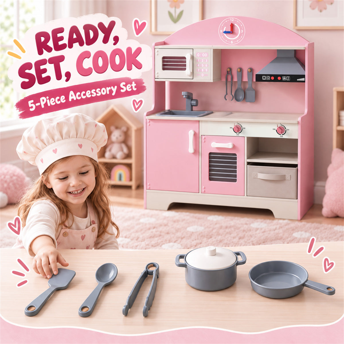 AIYAPLAY Kids Play Kitchen with Lights & Sounds, Pretend Play Toy set with Fabric Drawer, 5-Piece Accessories for 3-6 Years, Pink