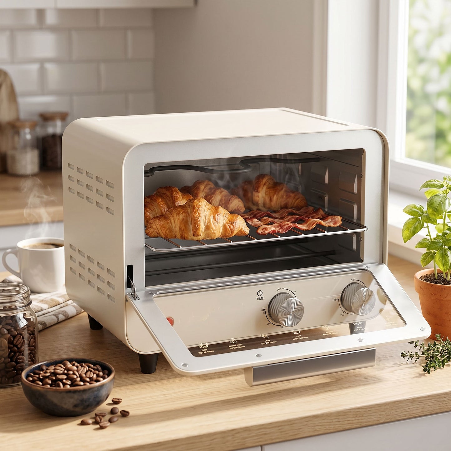 HOMCOM Mini Oven, Small Toaster Oven with Glass Door, Adjustable Temperature and Timer, Accessory Included, 750W, Cream White