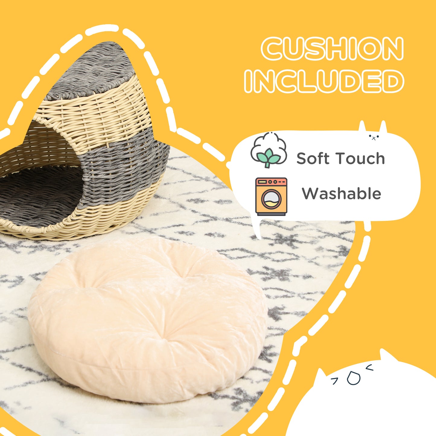 PawHut Wicker Cat House, Rattan Raised Cat Bed, Cosy Kitten Cave with Soft Washable Cushion, Î¦40 x 30cm