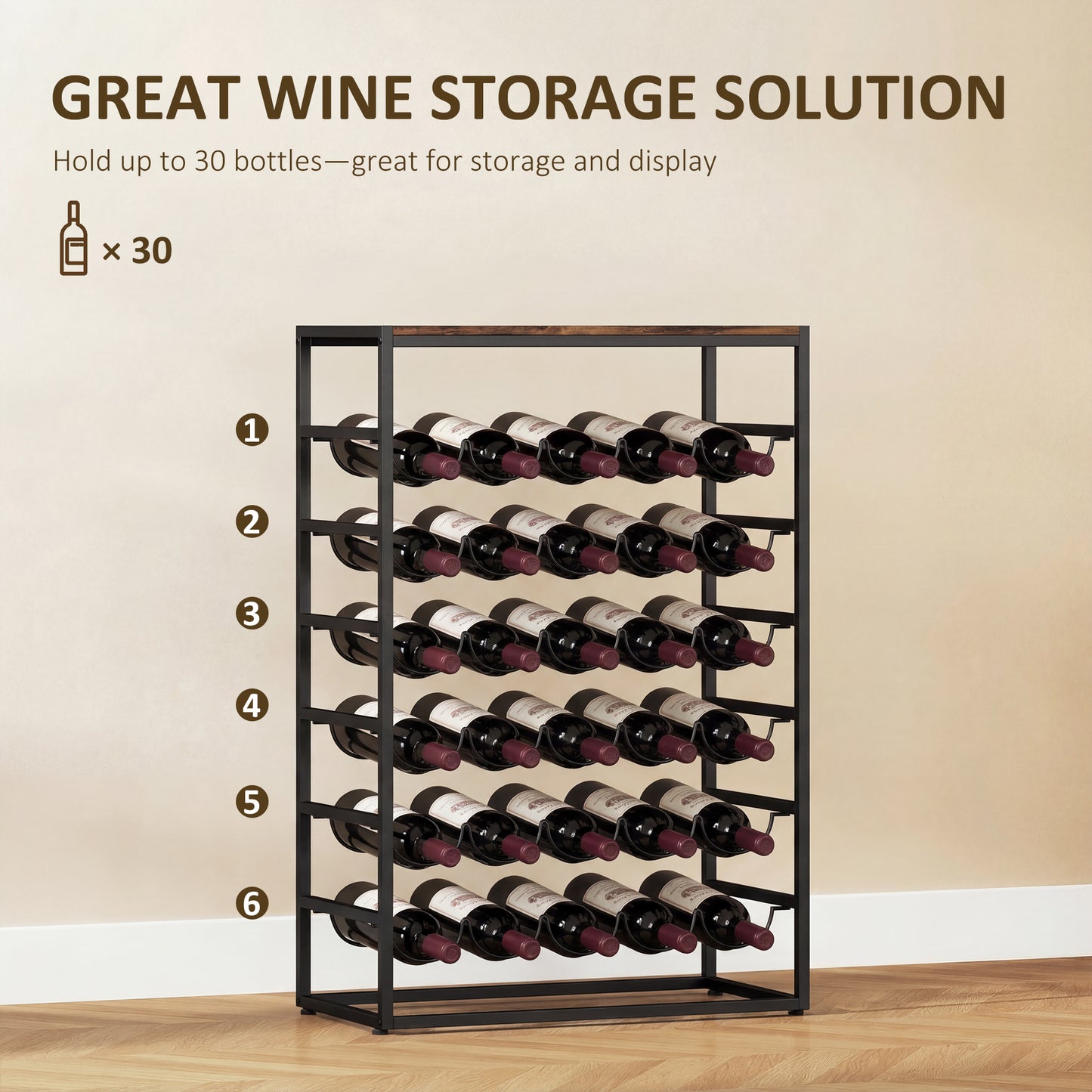 HOMCOM 30 Bottles Wine Rack, 6 Tier Free Standing Wine Storage Holder with Wood Effect Tabletop, Rustic Brown