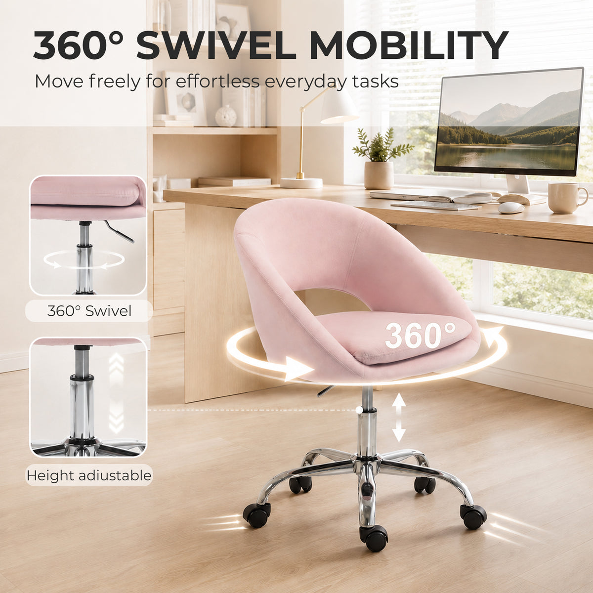 HOMCOM Velvet Desk Chair, Modern Office Chair with Height-Adjustable, Wheels, for Home Study Bedroom, Pink