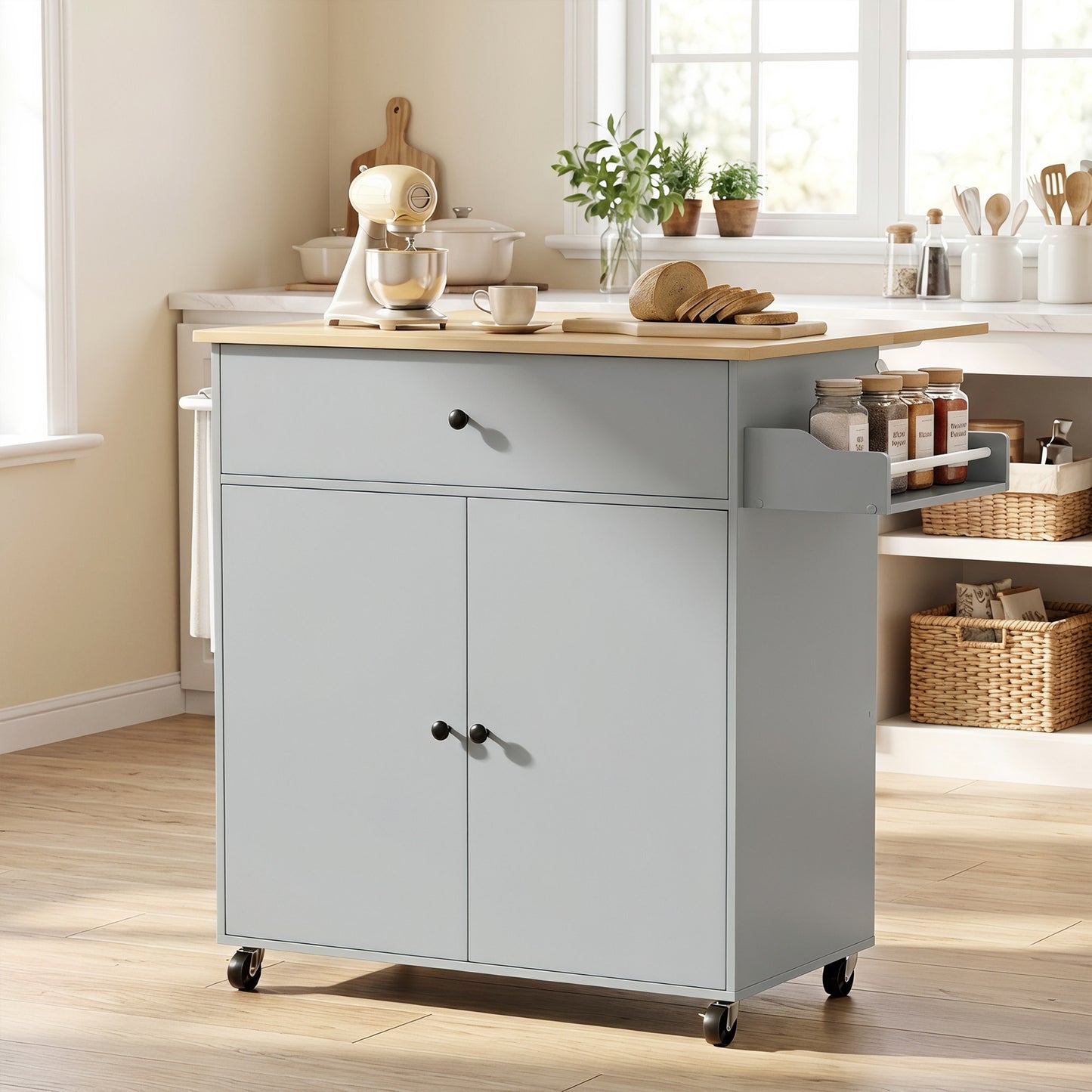 HOMCOM Kitchen Island with Drop Leaf, Rolling Kitchen Storage Trolley on Wheels with Drawer, Spice Rack and Towel Rack, Grey