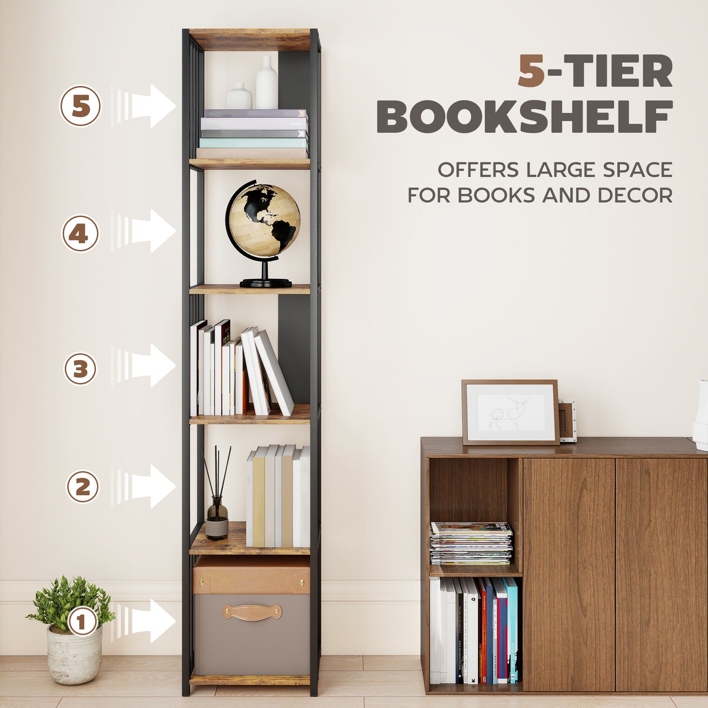 HOMCOM 5-Tier Bookshelf with Steel Frame - Rustic Brown