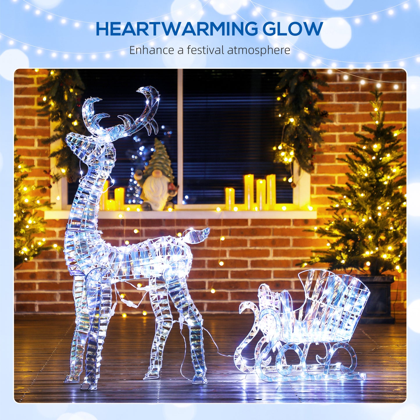 Outsunny Lighted Christmas Reindeer with Sleigh, Outdoor Yard Reindeer with 170 Warm White LED Lights, Holiday Decor with Stakes, Waterproof, Silver