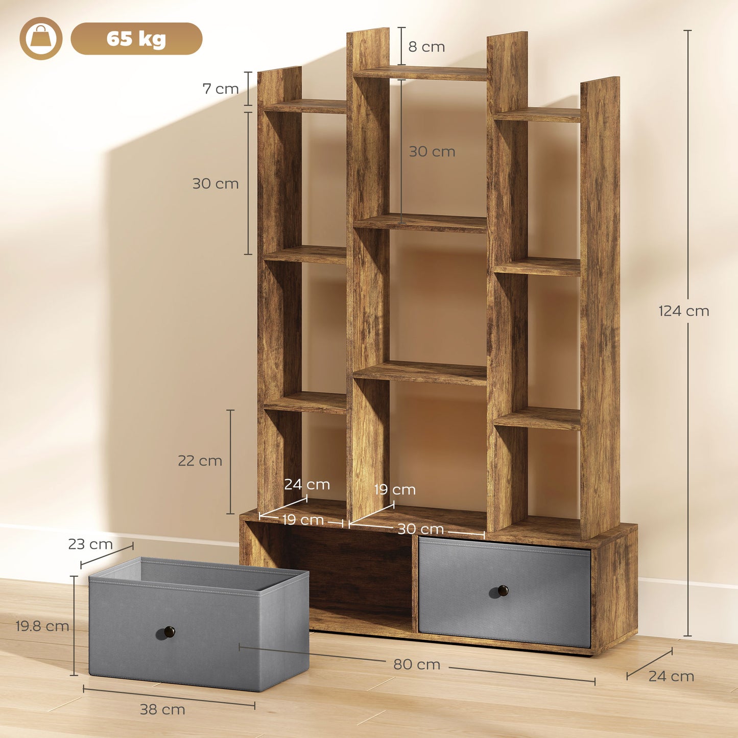 HOMCOM 12 Shelf Storage Unit, with Drawers - Brown