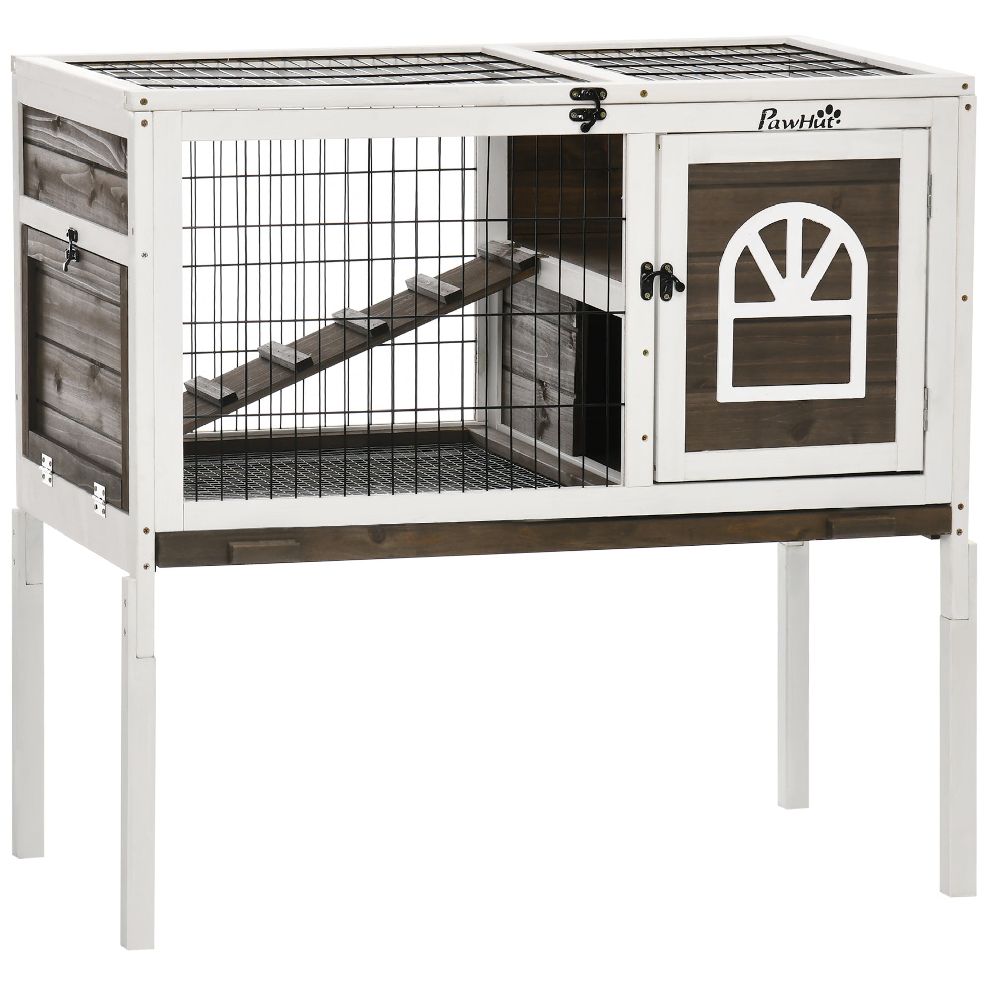 PawHut Wooden Rabbit Hutch, Guinea Pig Cage, with Removable Tray, Openable Roof Default Title