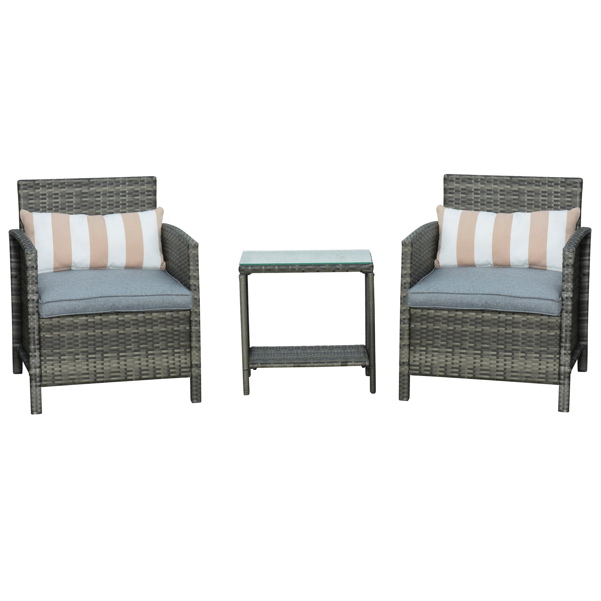 Outsunny 3 Pieces Rattan Bistro Set, Wicker Garden Furniture Set, Glass Top 2-tier Coffee Table and Chairs Set with Pillows and Washable Cushions for Outdoor, Patio, Balcony, Grey