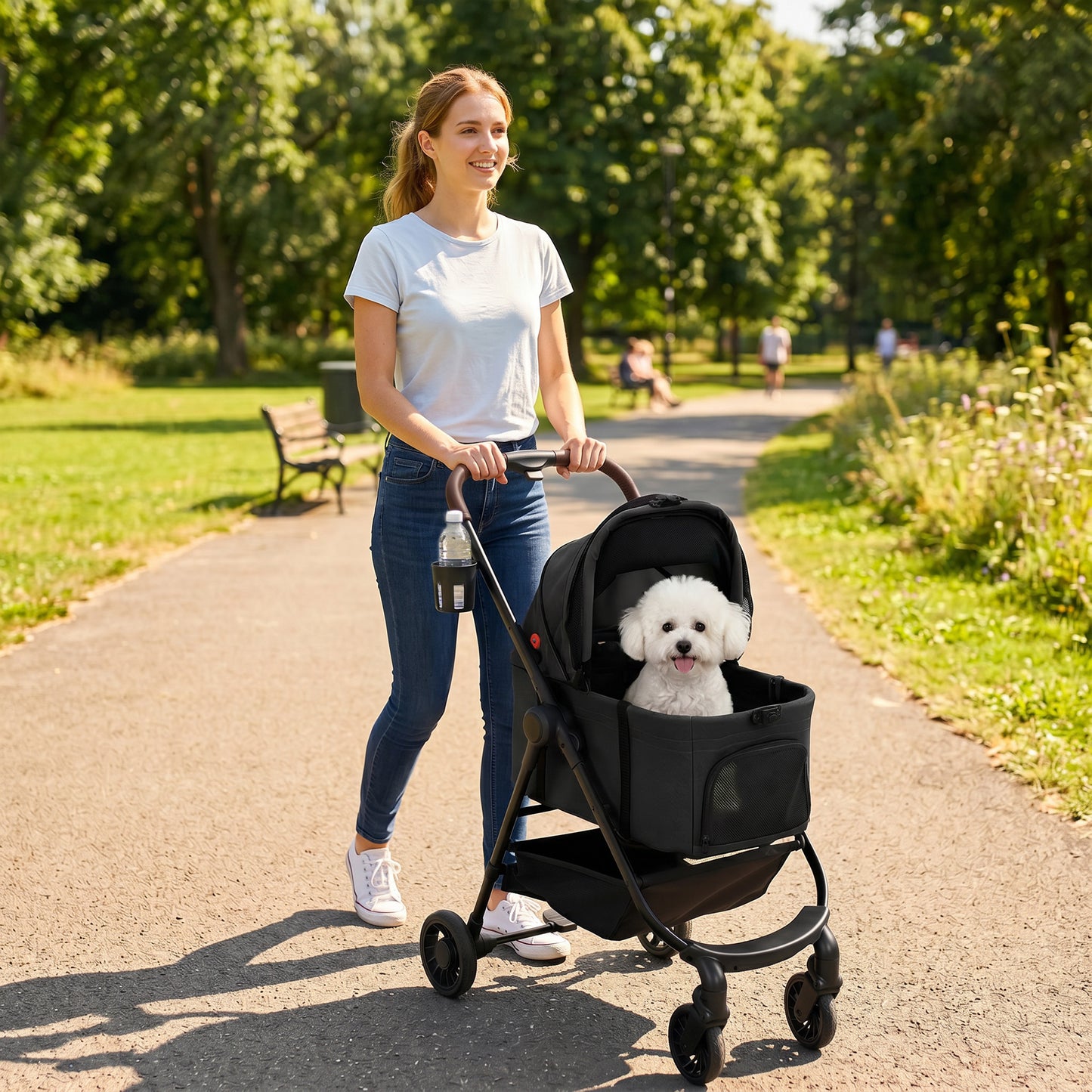 PawHut Dog Stroller, 3 in 1 Foldable Pet Stroller for Small Puppy Cat with Detachable Travel Carrier, Storage Basket, Black