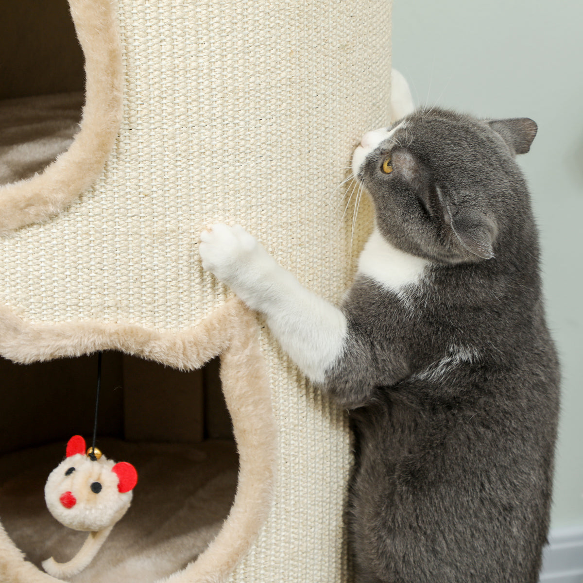 PawHut 3-Tier Cat House for Indoor Kittens, Cat Cave Bed with Scratching Pad, Plush Edge, Removable Plush Bed, 3 Dangling Mice
