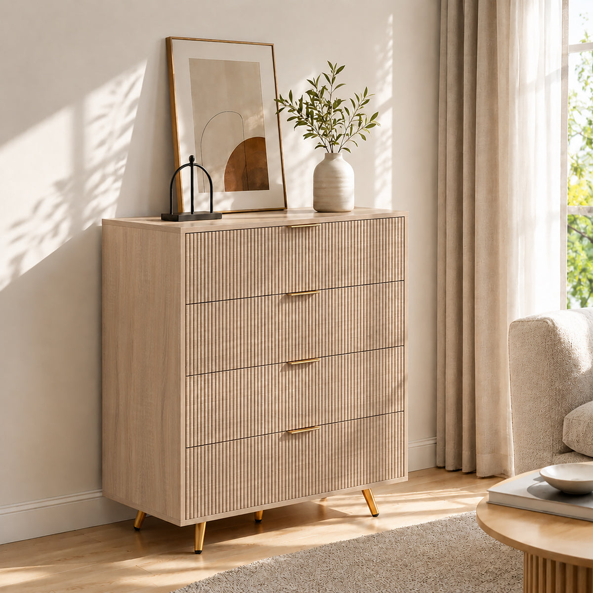 HOMCOM Bedroom Chest of Drawers with 4 Drawers, Fluted Dresser with Gold Tone Handles, Storage Cabinet, Natural